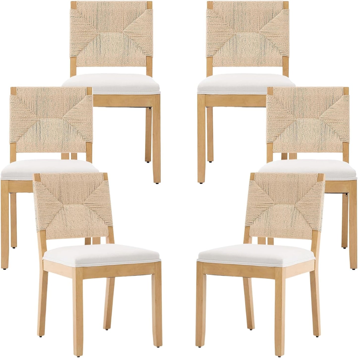 French Country Dining Chairs Set of 6, Ivory Boho Style Woven Back Kitchen Chairs, Linen Upholstered Seats with Wood Legs for Kitchen & Dining Room, Sillas de Comedor (Beige, 6Pcs)