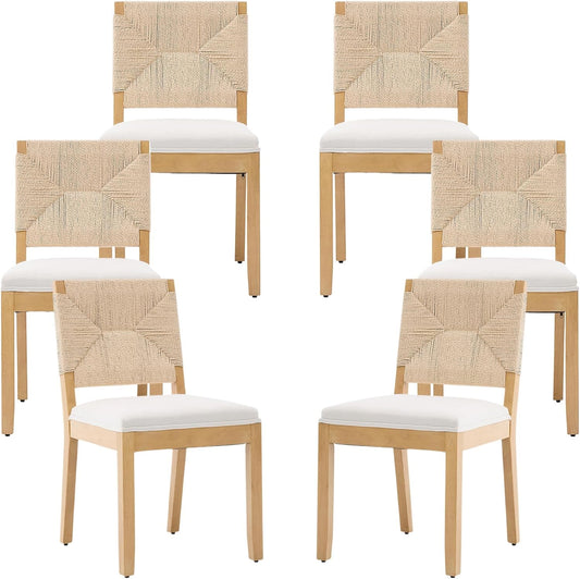 French Country Dining Chairs Set of 6, Ivory Boho Style Woven Back Kitchen Chairs, Linen Upholstered Seats with Wood Legs for Kitchen & Dining Room, Sillas de Comedor (Beige, 6Pcs)