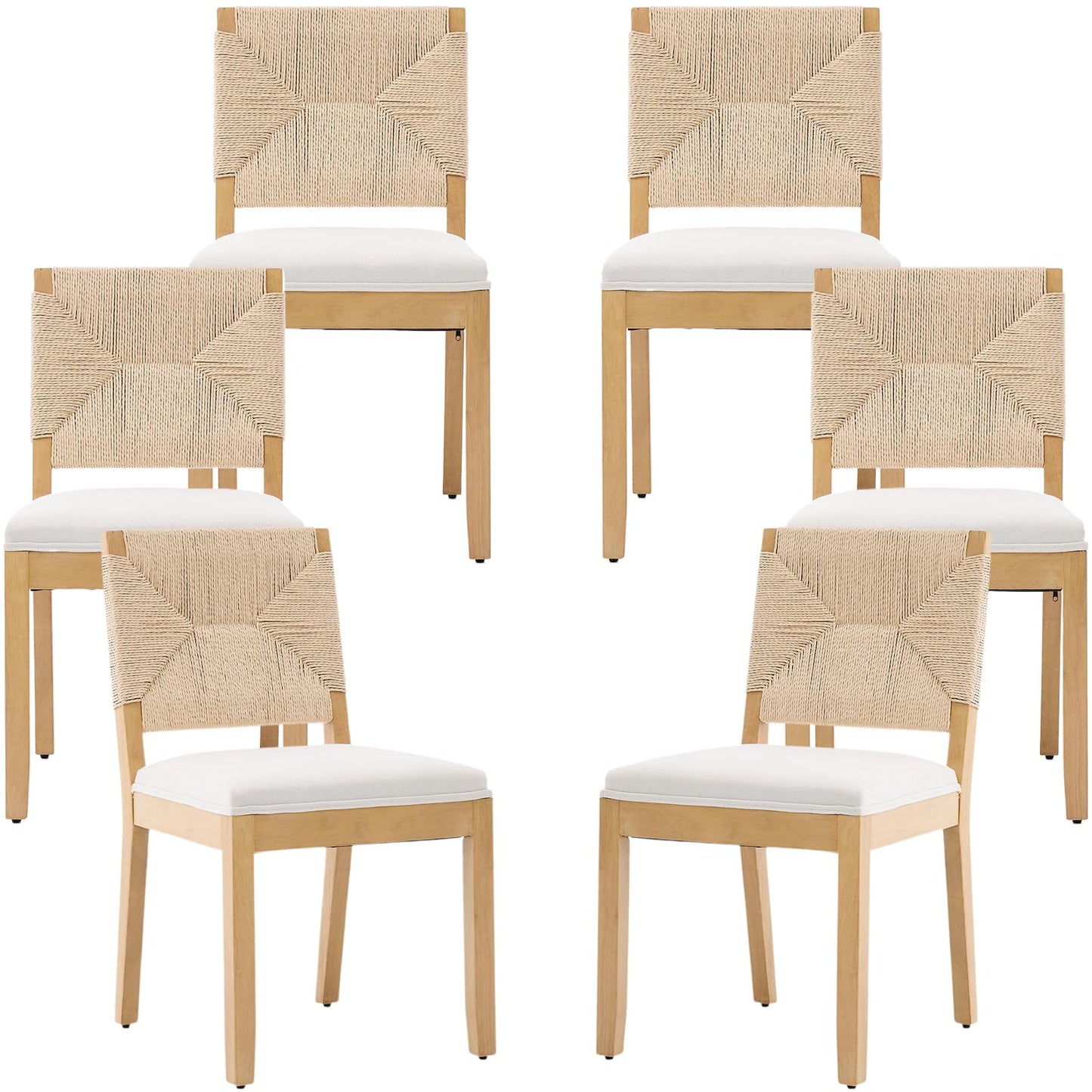 French Country Dining Chairs Set of 6, Ivory Boho Style Woven Back Kitchen Chairs, Linen Upholstered Seats with Wood Legs for Kitchen & Dining Room, Sillas de Comedor (Beige, 6Pcs)