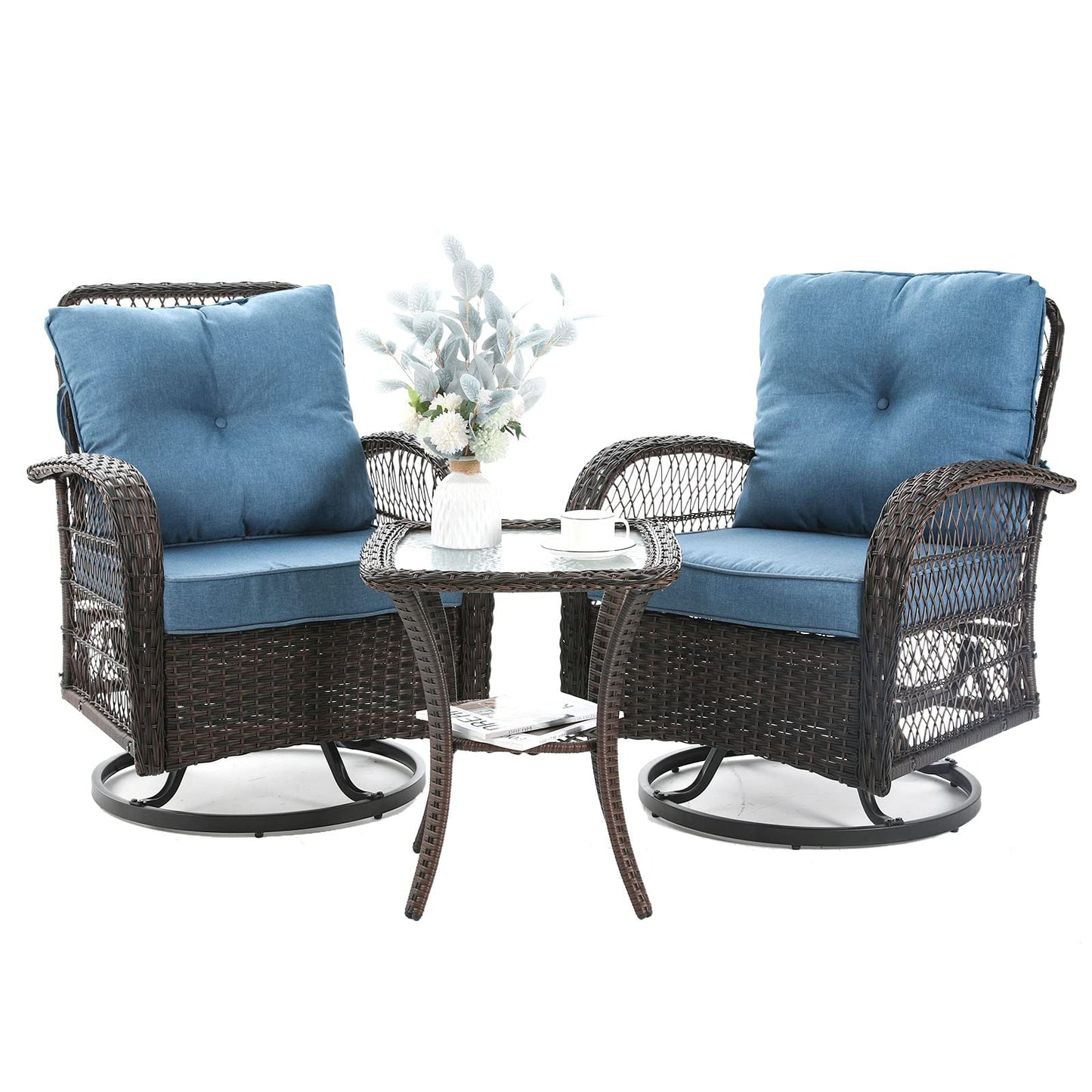 3 Pieces Patio Furniture Set, Outdoor Swivel Glider Rocker, Wicker Patio Bistro Set with Rocking Chair, Thickened Cushions and Table for Porch (Blue)