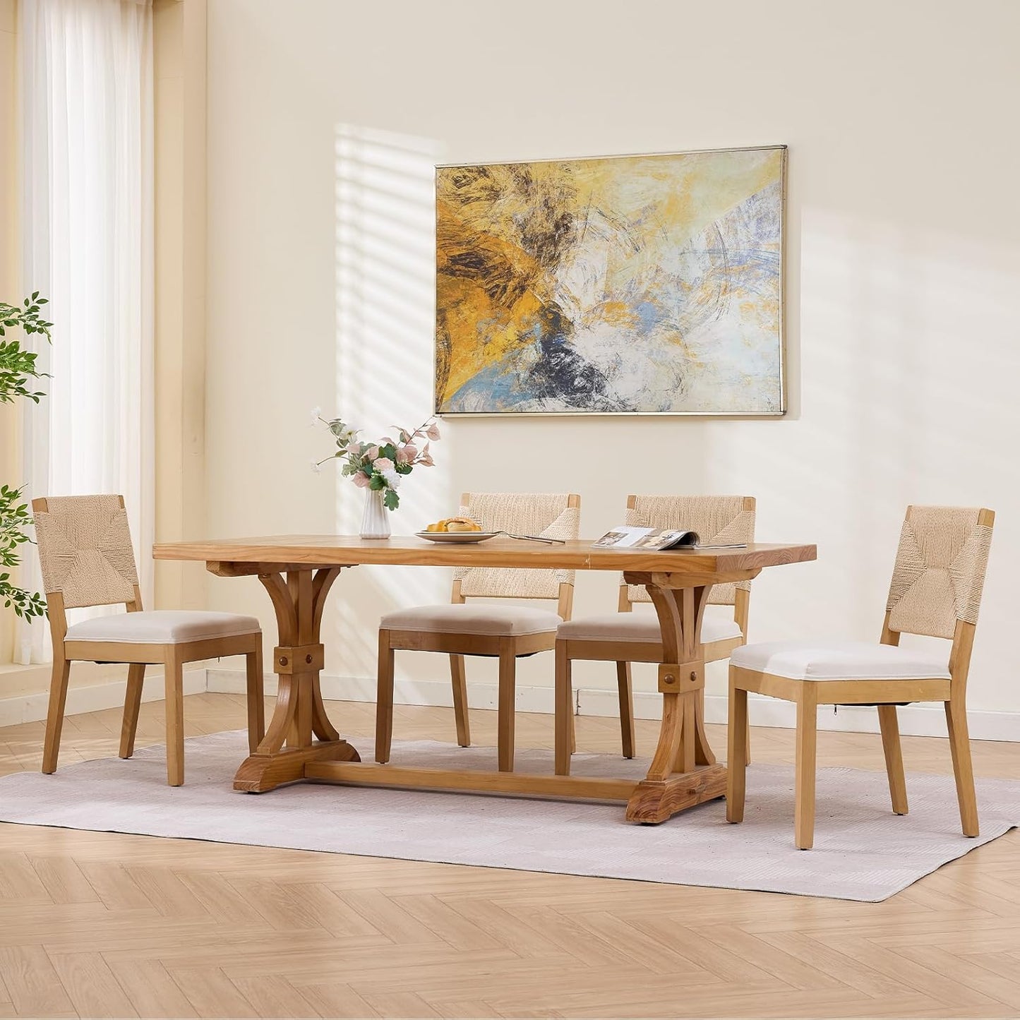 Farmhouse Dining Chairs Set of 4, French Country Woven Kitchen & Dining Room Chairs, Boho Woven Back Linen Upholstered Kitchen Chair, Solid Wood Frame, Sillas de Comedor (Beige, Woven, 4 Pcs)