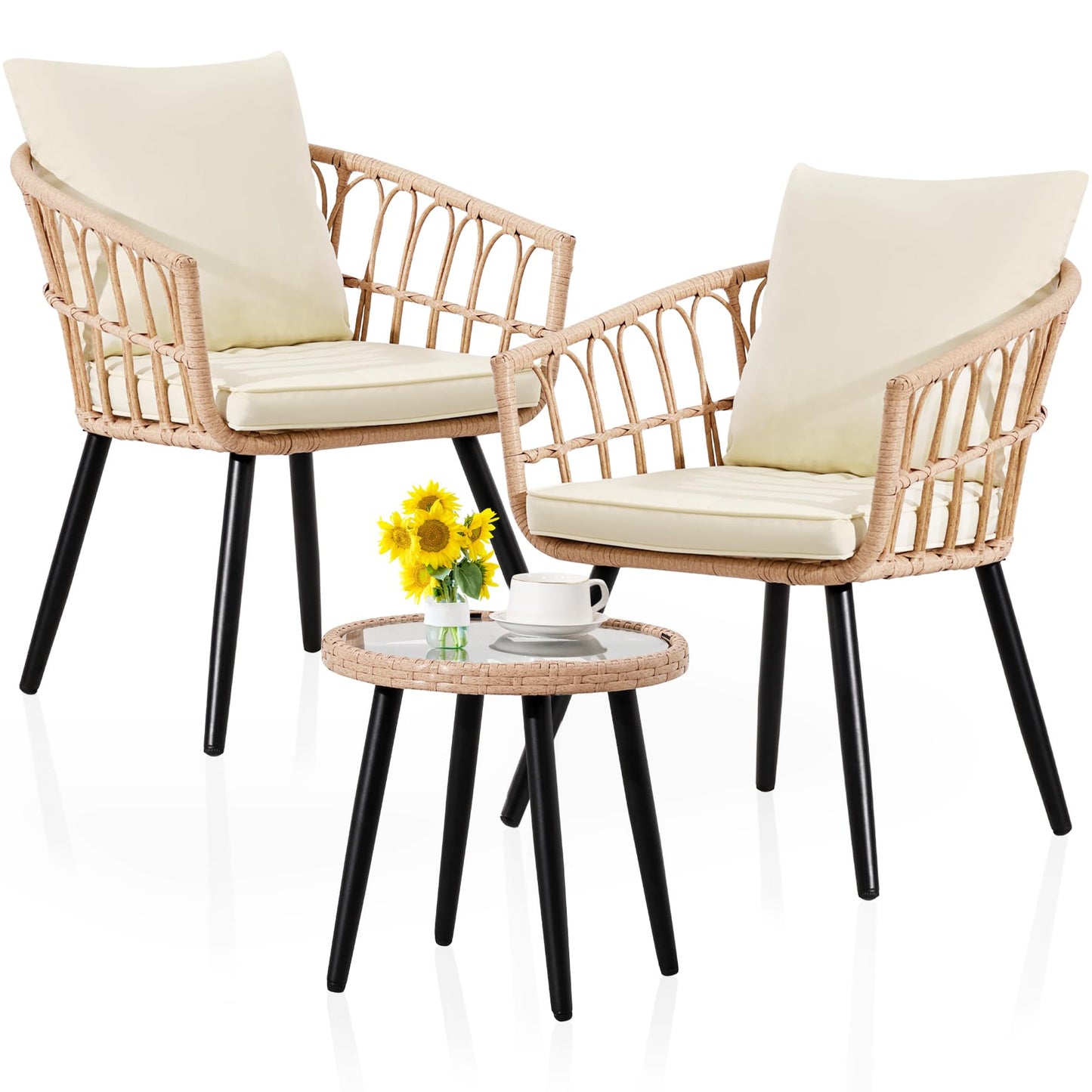 FHFO 5 Piece Patio Bistro Set with Ottoman, Outdoor Wicker Furniture Set, Rattan Balcony Furniture for Apartment, Garden, Porch, Backyard, Poolside, Natural-Beige