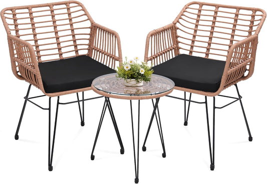 KROFEM 3 Piece Wicker Patio Bistro Furniture Set, Includes 2 Rattan Chairs and Glass Top Table, Ideal for Porch, Outdoor, Backyard, Apartment, Balcony, Natural