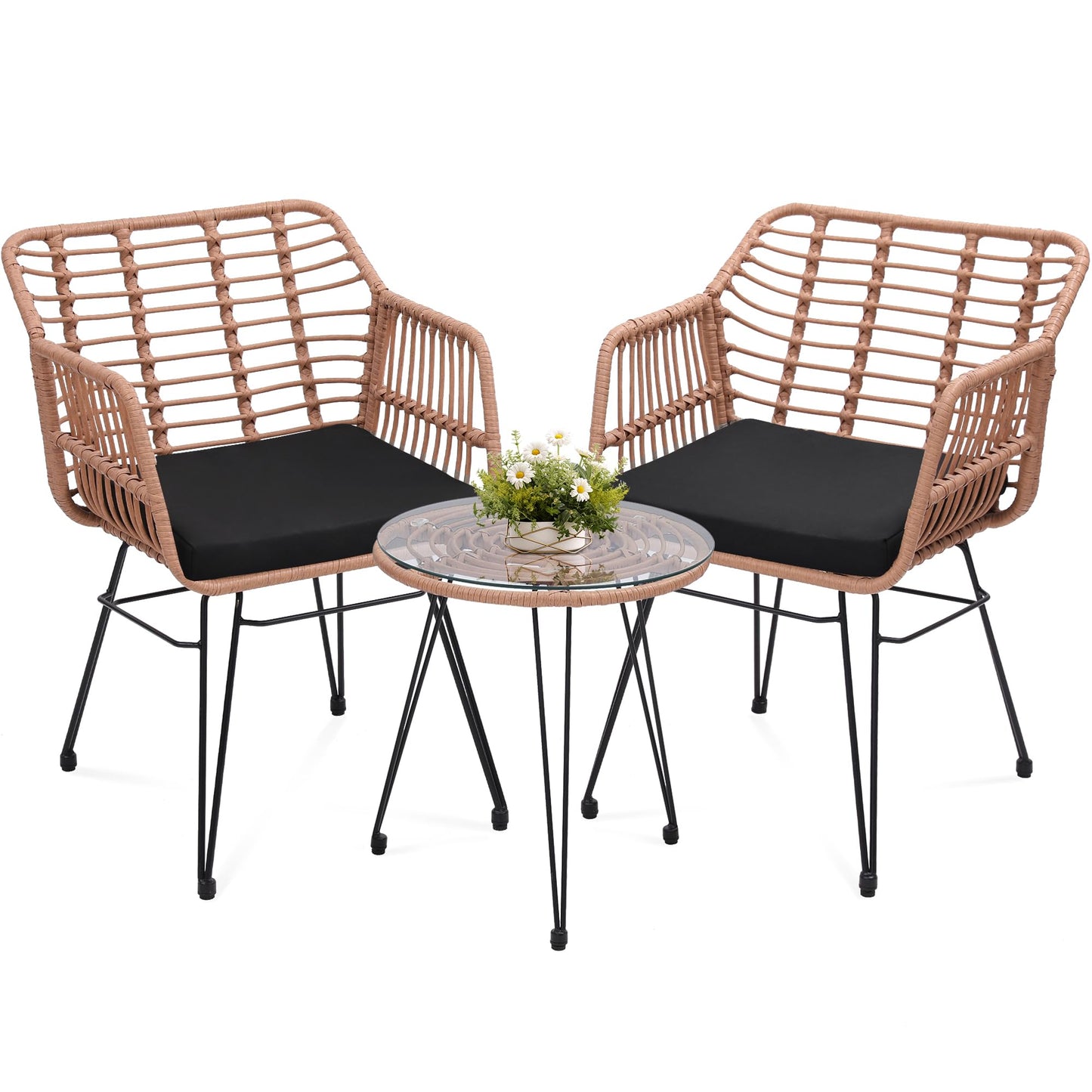 KROFEM 3 Piece Wicker Patio Bistro Furniture Set, Includes 2 Rattan Chairs and Glass Top Table, Ideal for Porch, Outdoor, Backyard, Apartment, Balcony, Natural
