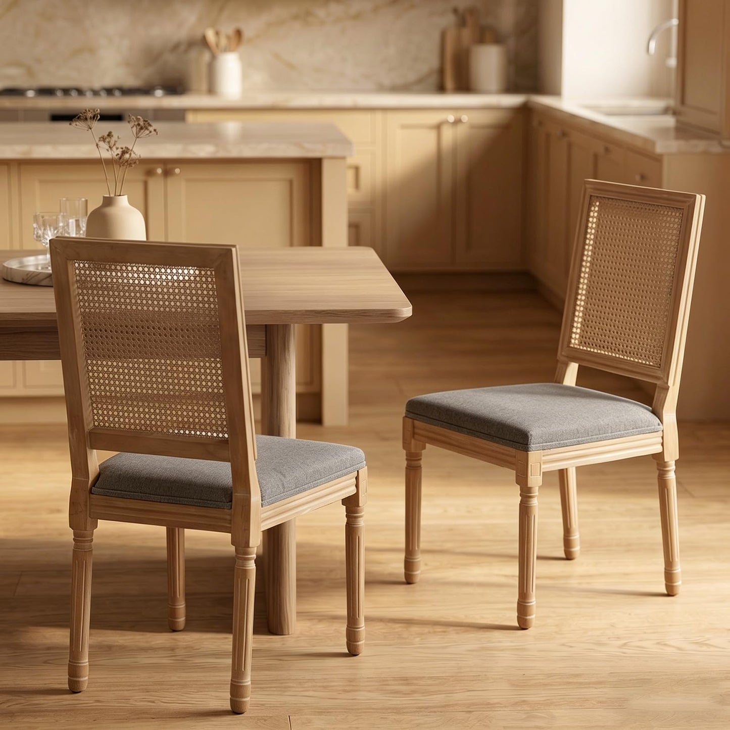 Farmhouse Dining Chairs Set of 4, French Country Woven Kitchen & Dining Room Chairs, Boho Woven Back Linen Upholstered Kitchen Chair, Solid Wood Frame, Sillas de Comedor (Beige, Woven, 4 Pcs)