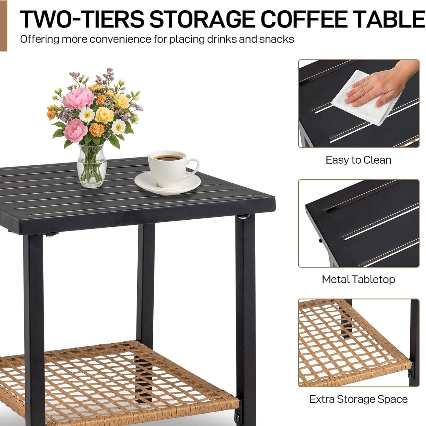 Outvita 3-Piece Outdoor Rocking Bistro Set, Patio Furniture Set w/Soft Thick Cushions & 2-Tier Coffee Table, Rattan Conversation Wicker Rocking Chairs for Garden, Balcony, Backyard, Poolside