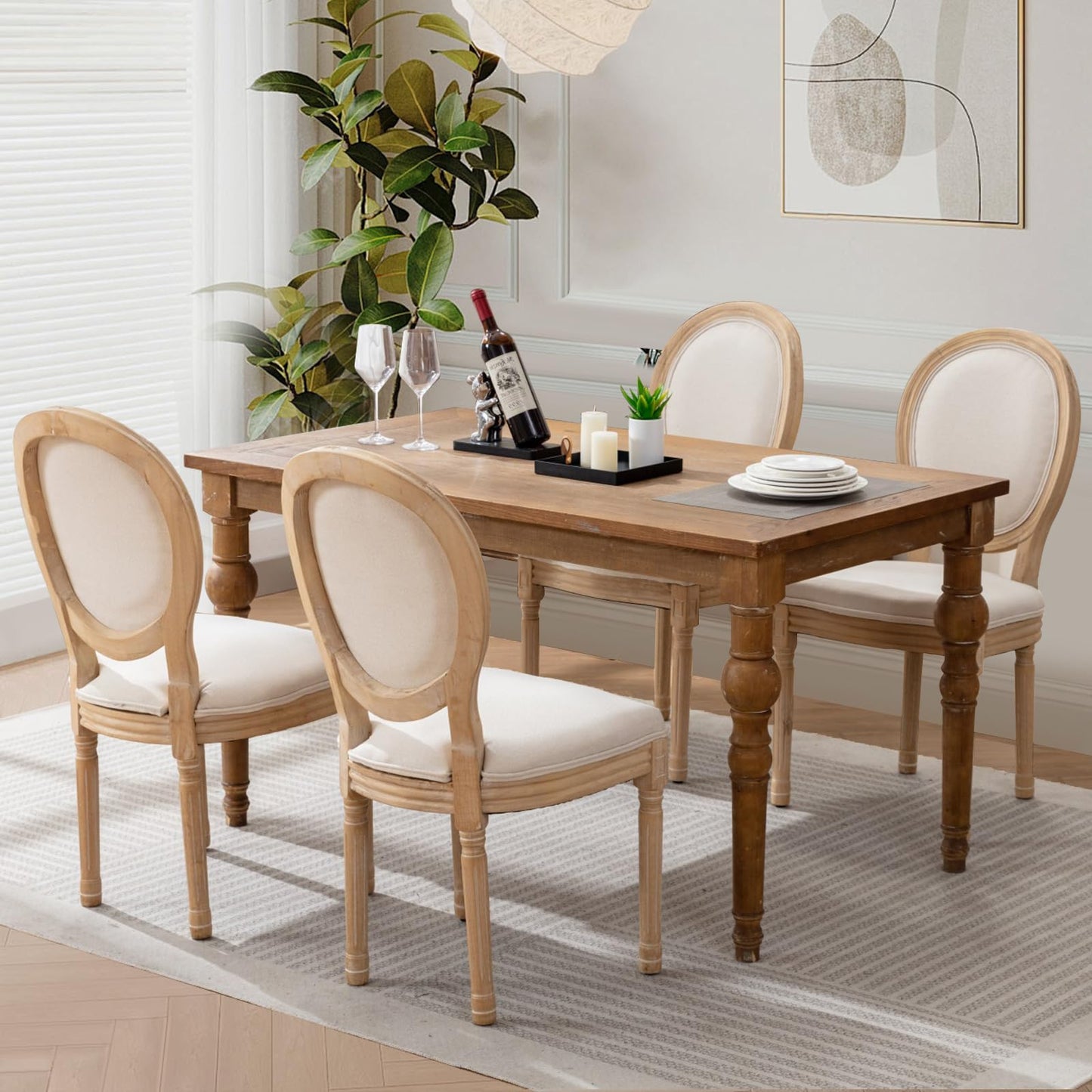 Rattan Dining Chairs Set of 4, French Country Cane Back Upholstered Kitchen Chairs, Solid Wood Farmhouse Side Chairs, Beige