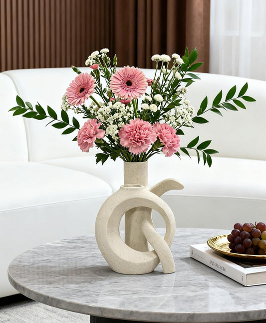 Ceramic Vase Set of 2, OK Shape, Modern Nordic Boho Home Decor - Matte Minimalist Decorative Vases for Living Room, Shelf, Wedding Centerpiece, Table Decor (Cream White)