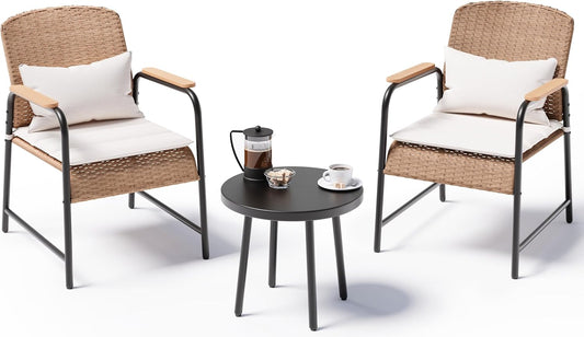 Jing's Villa 3-Piece Outdoor Bistro Set with Side Table, Ergonomic Armchairs with Lumbar Support & Breathable Mesh Seat, All-Weather Wicker Outdoor Furniture for Backyard, Porch, Balcony,Beige