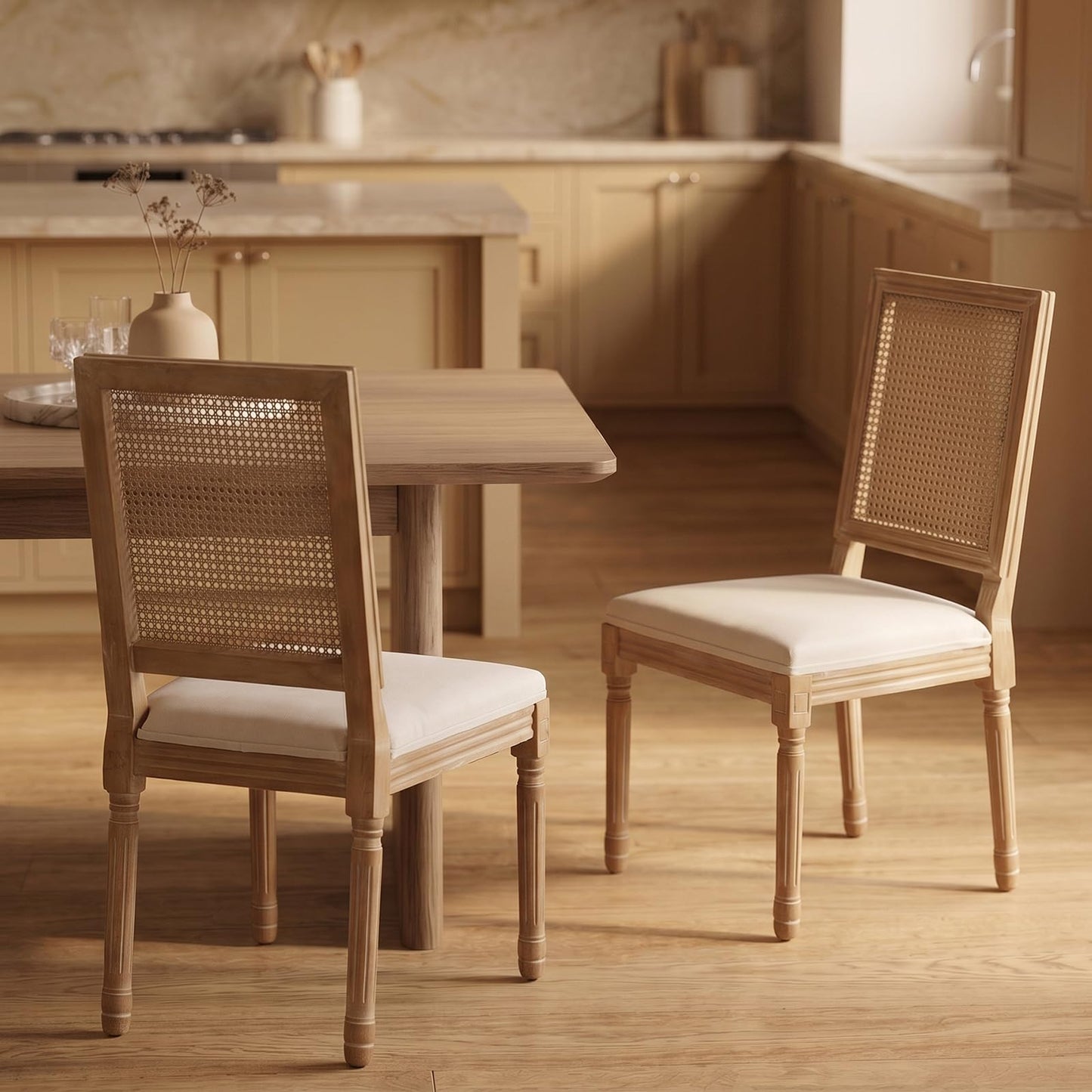 Farmhouse Dining Chairs Set of 6, French Country Rattan Kitchen & Dining Room Chairs, Cane Back Ivory Linen Upholstered Kitchen Chair, Solid Wood Frame, Sillas de Comedor (Beige, Rattan, 6 Pcs)