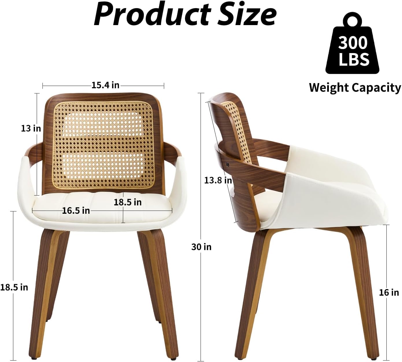 VipDesk Dining Chairs Set of 2, Mid Century Modern Dining Room Chairs with Arms and Rattan Back PU Leather Upholstered Bentwood Kitchen Chairs for Home Restaurant Office - Beige