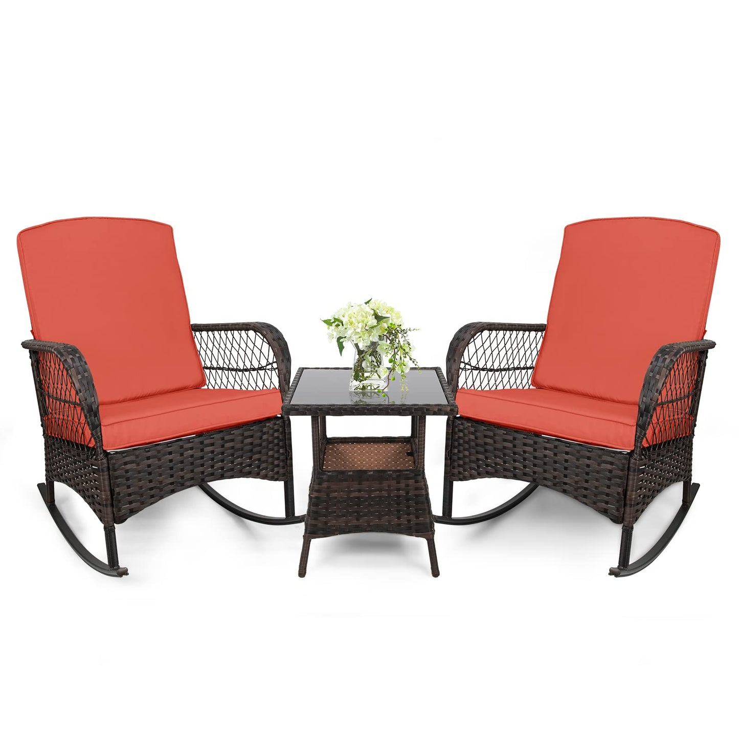 LEVELEVE 3 pcs Rocking Bistro Set Conversation Chairs PE Wicker Outdoor Rocking Chairs(Rocking Set,Sand)