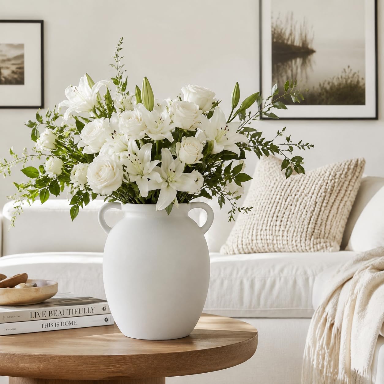 hjn Matte White Ceramic Vase, Nordic Farmhouse Jug Vase for Dried Pampas Grass & Fresh Flowers, Minimalist Boho Home Decor for Living Room Mantel Shelf Entryway(Round Shape-8''dx9''h)
