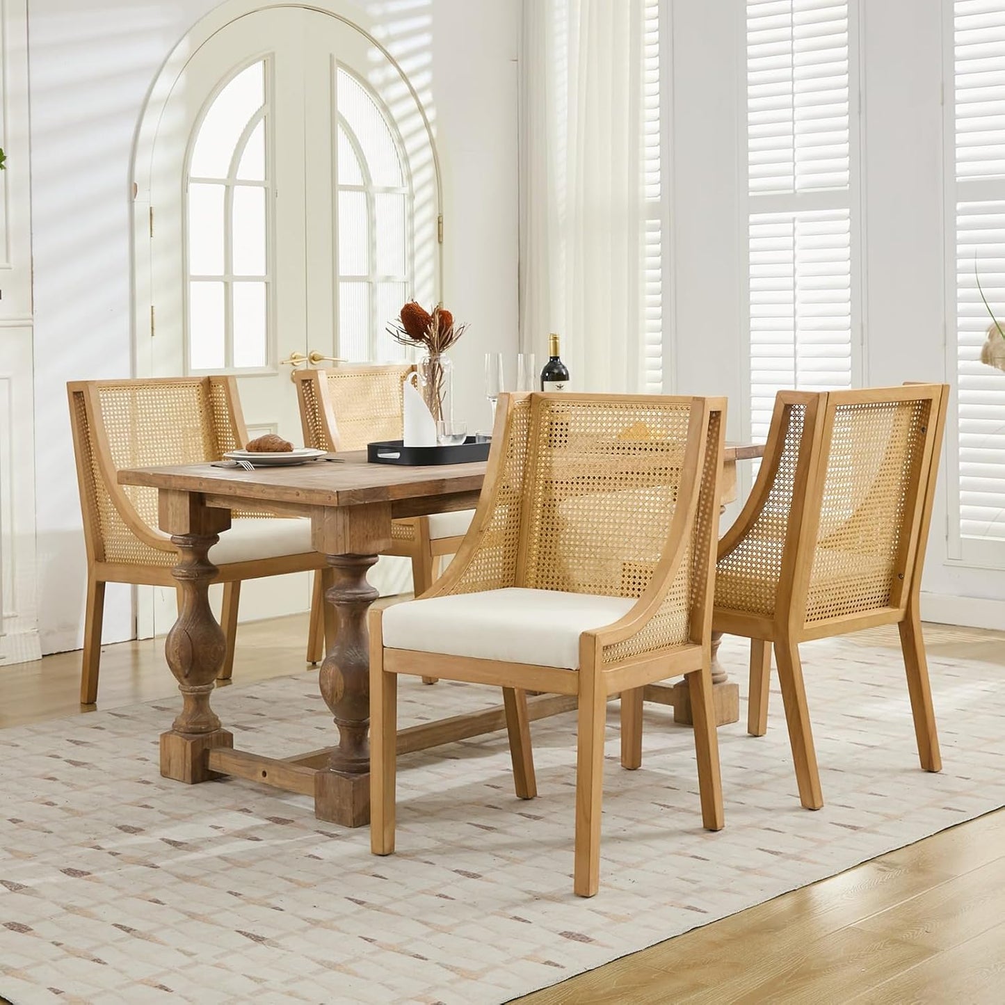 Farmhouse Dining Chairs Set of 6, French Country Rattan Kitchen & Dining Room Chairs, Cane Back Ivory Linen Upholstered Kitchen Chair, Solid Wood Frame, Sillas de Comedor (Beige, Rattan, 6 Pcs)