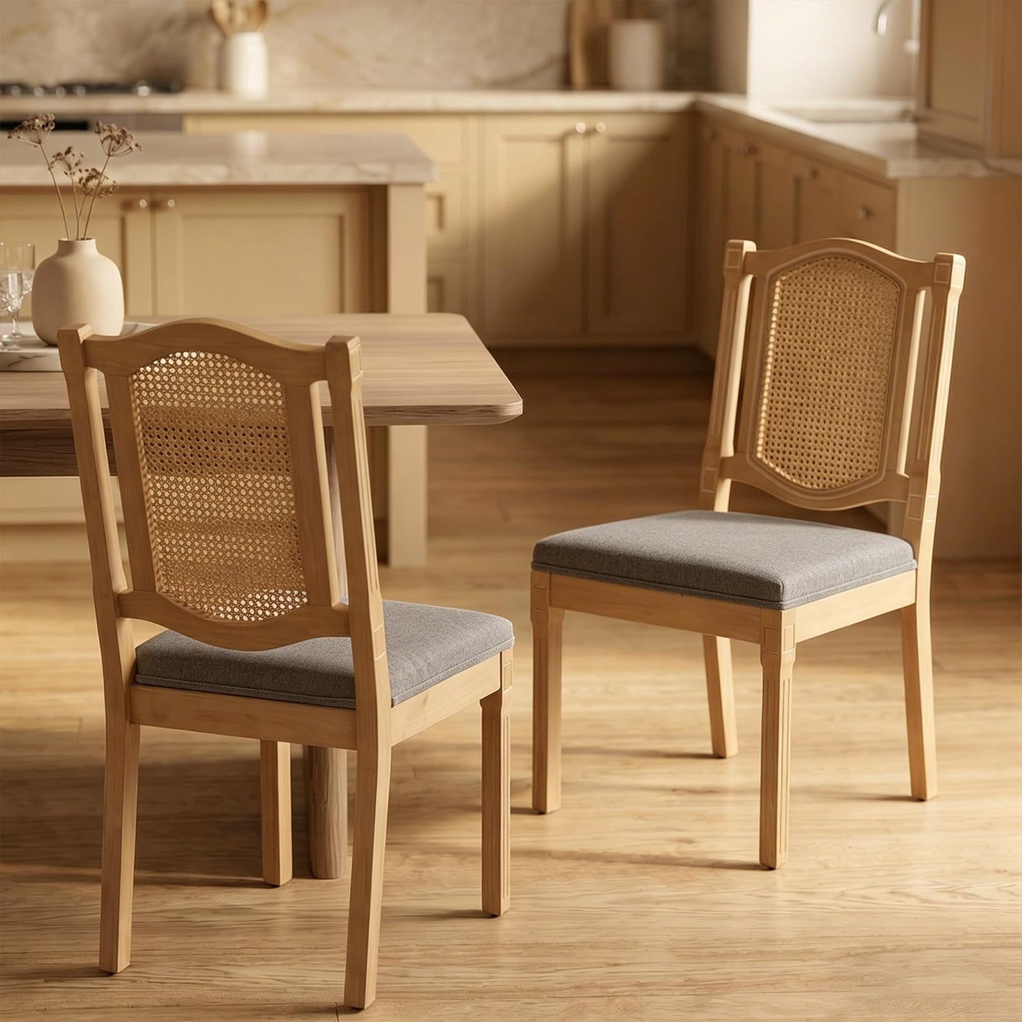 Farmhouse Dining Chairs Set of 4, French Country Woven Kitchen & Dining Room Chairs, Boho Woven Back Linen Upholstered Kitchen Chair, Solid Wood Frame, Sillas de Comedor (Beige, Woven, 4 Pcs)