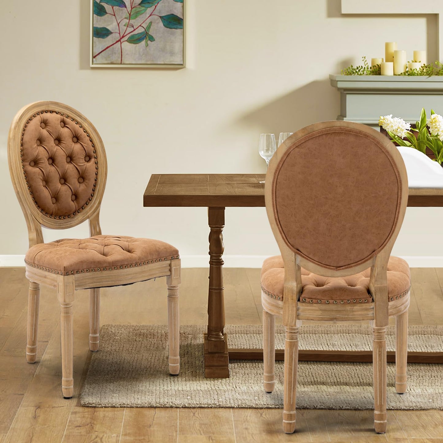 Rattan Dining Chairs Set of 4, French Country Cane Back Upholstered Kitchen Chairs, Solid Wood Farmhouse Side Chairs, Beige