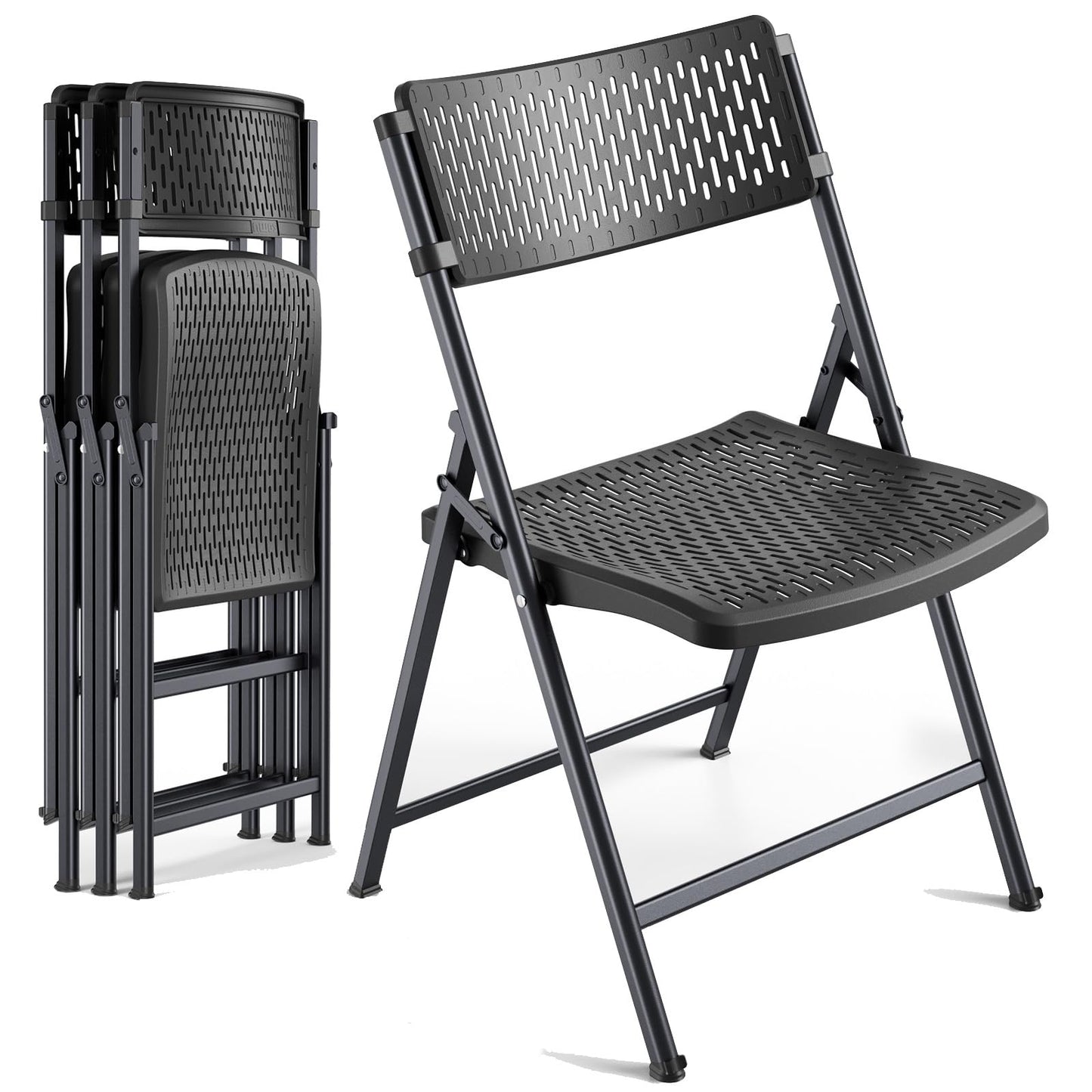 Black Folding Chairs 4-Pack, Breathable Plastic for Card Tables & Indoor Outdoor, Easy-Clean & Supports 400 Lbs