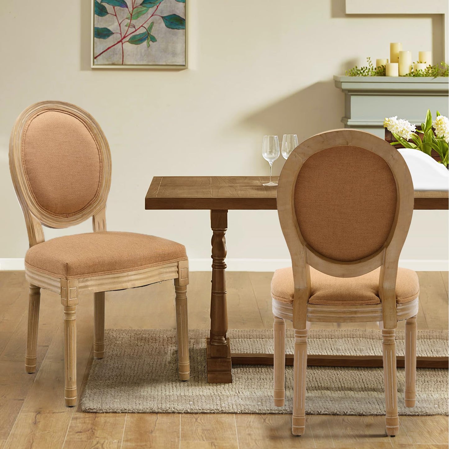 Rattan Dining Chairs Set of 4, French Country Cane Back Upholstered Kitchen Chairs, Solid Wood Farmhouse Side Chairs, Beige