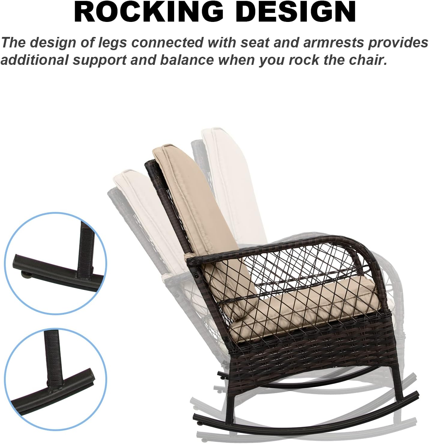 LEVELEVE 3 pcs Rocking Bistro Set Conversation Chairs PE Wicker Outdoor Rocking Chairs(Rocking Set,Sand)