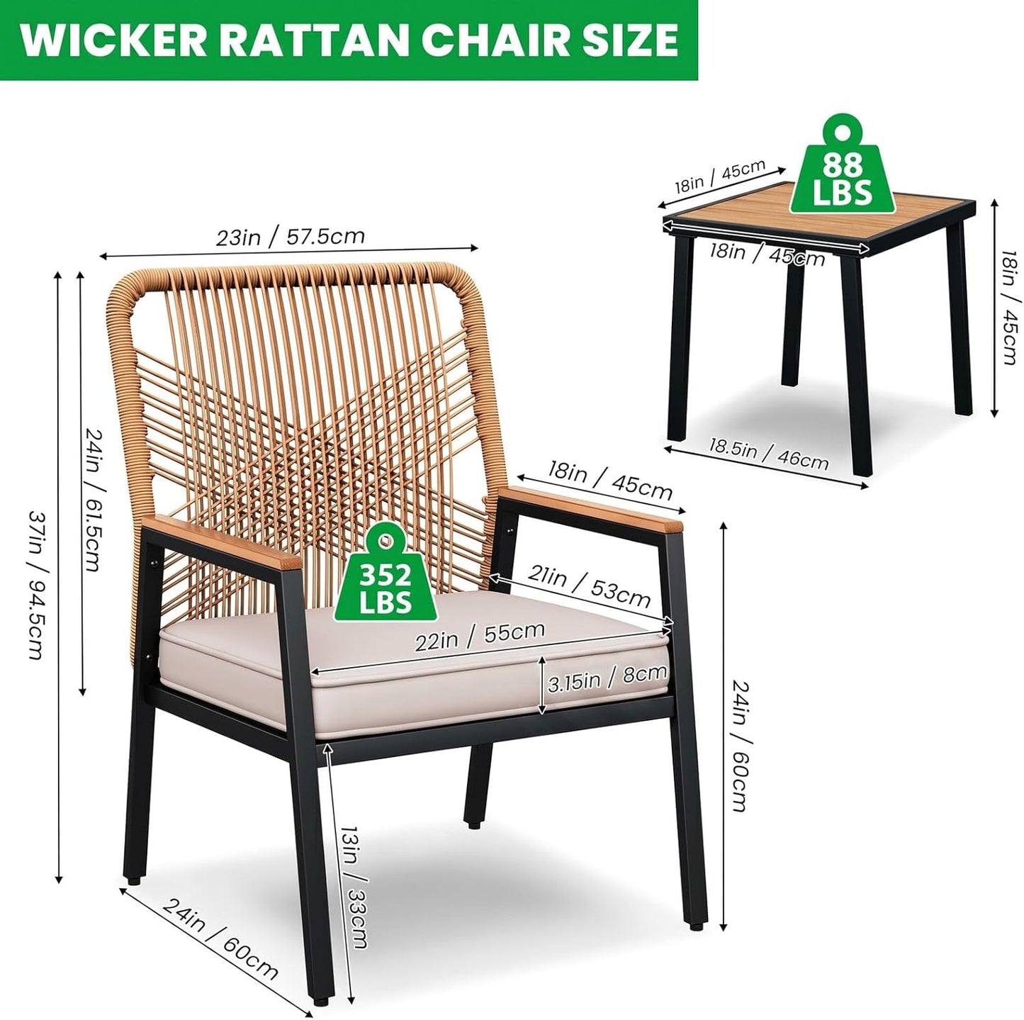 LIFERUN 3-Piece Patio Furniture Set, Outdoor Rattan Chairs with Table, Garden Set with 3.15in Thick Cushions, WPC Armrest, for Balcony, Backyard, Terrace, Beige