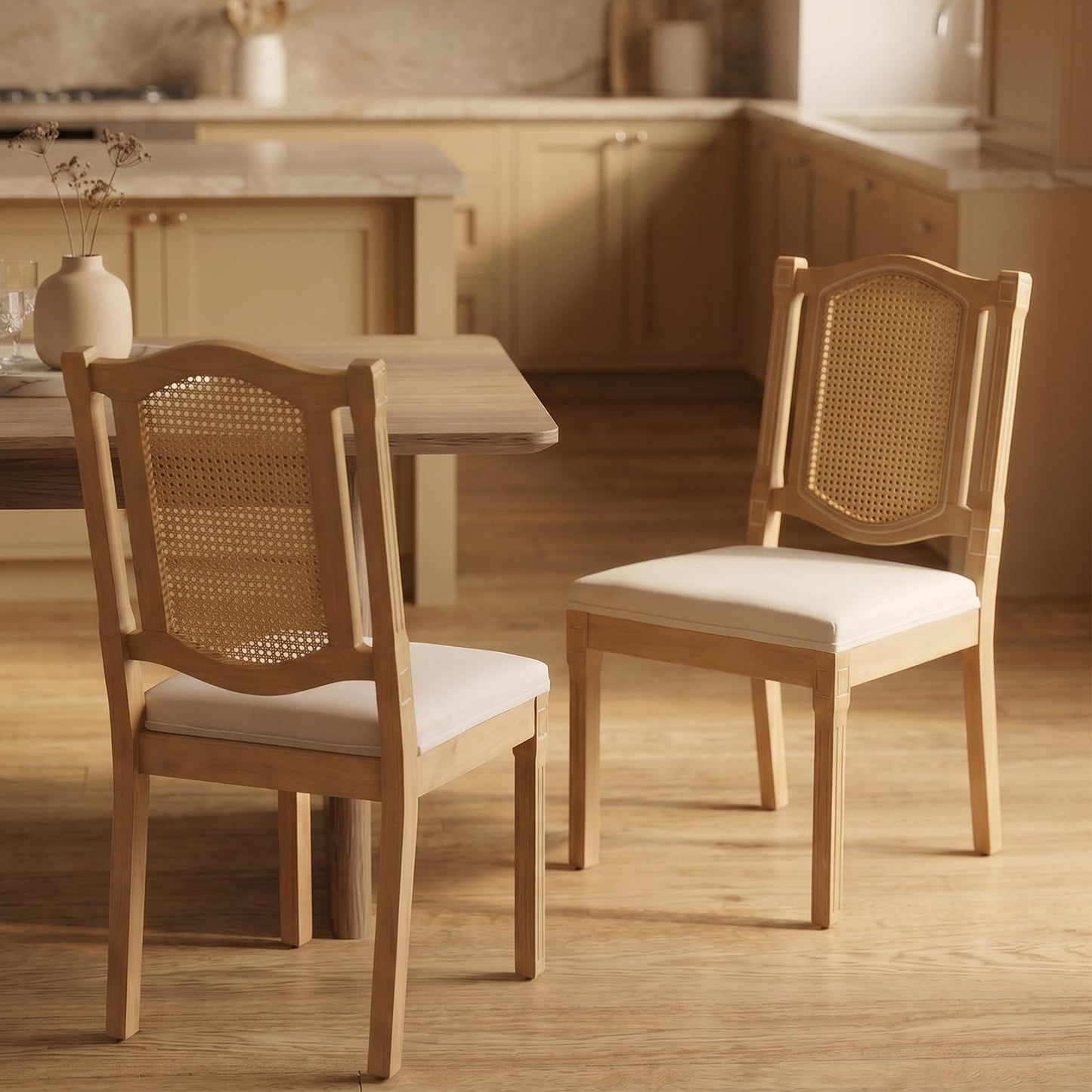 Farmhouse Dining Chairs Set of 6, French Country Rattan Kitchen & Dining Room Chairs, Cane Back Ivory Linen Upholstered Kitchen Chair, Solid Wood Frame, Sillas de Comedor (Beige, Rattan, 6 Pcs)