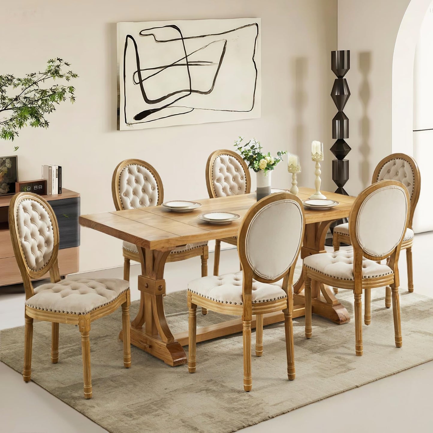Rattan Dining Chairs Set of 4, French Country Cane Back Upholstered Kitchen Chairs, Solid Wood Farmhouse Side Chairs, Beige