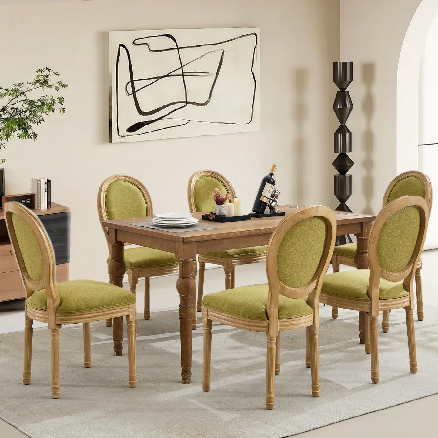 Rattan Dining Chairs Set of 4, French Country Cane Back Upholstered Kitchen Chairs, Solid Wood Farmhouse Side Chairs, Beige