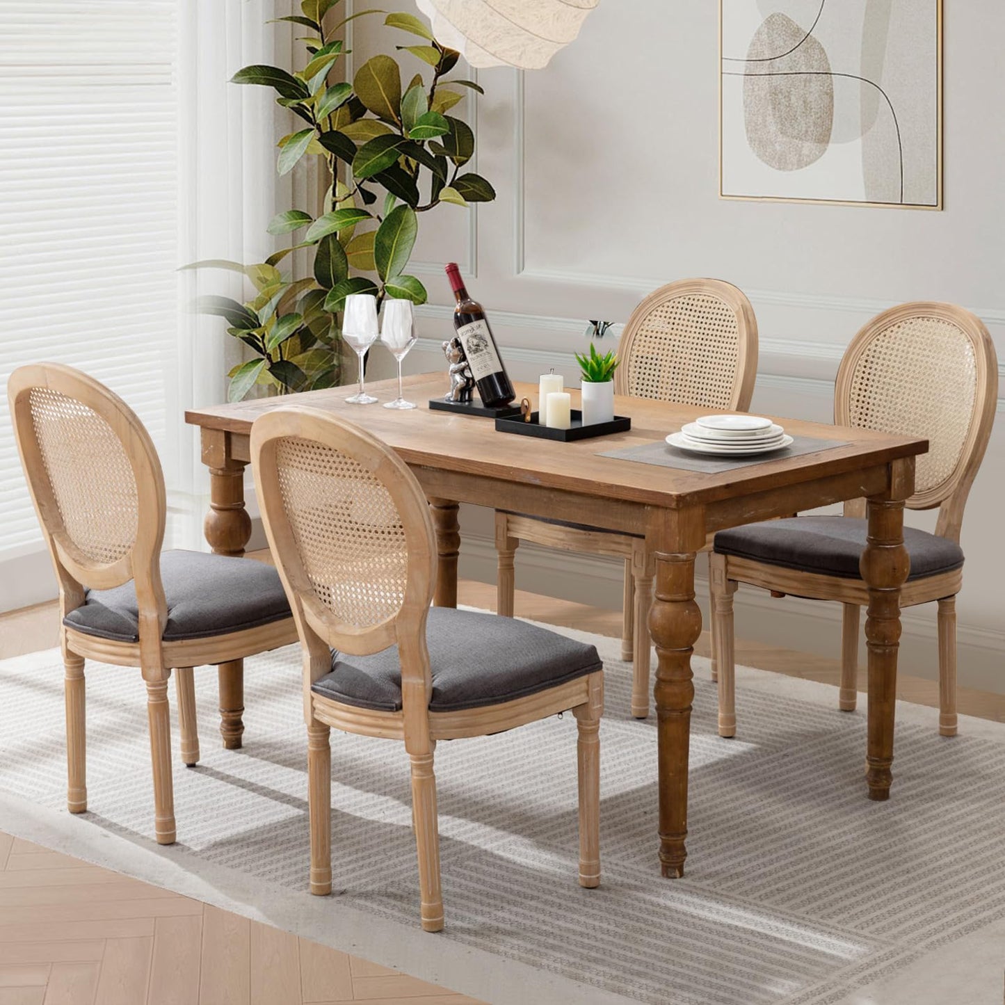 Rattan Dining Chairs Set of 4, French Country Cane Back Upholstered Kitchen Chairs, Solid Wood Farmhouse Side Chairs, Beige