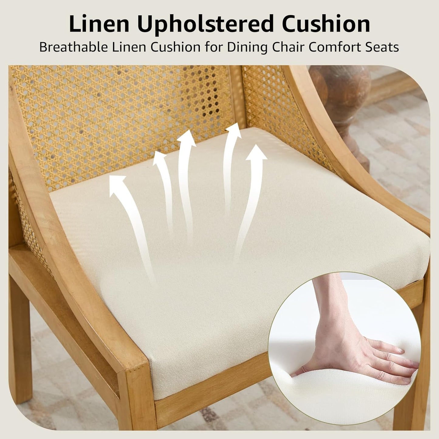 Farmhouse Dining Chairs Set of 6, French Country Rattan Kitchen & Dining Room Chairs, Cane Back Ivory Linen Upholstered Kitchen Chair, Solid Wood Frame, Sillas de Comedor (Beige, Rattan, 6 Pcs)