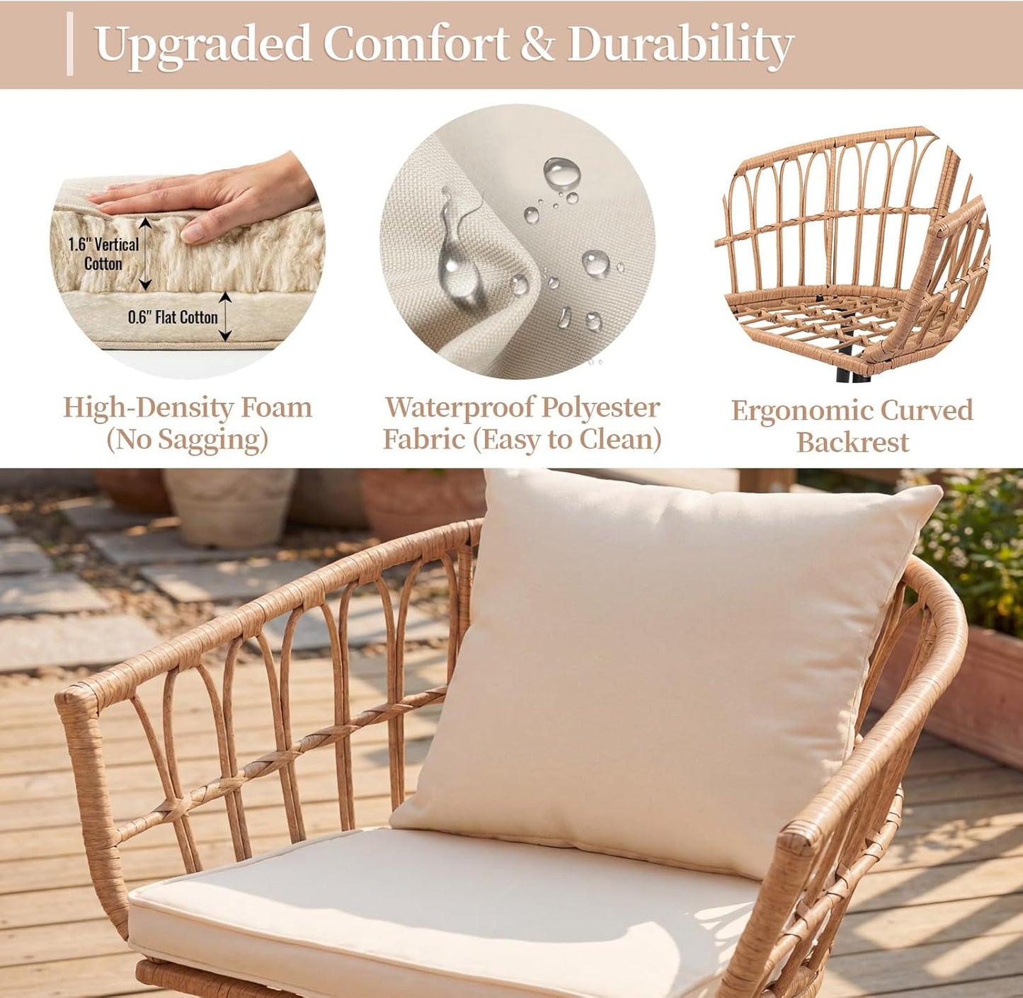 3 Piece Patio Furniture Set, All-Weather Wicker Outdoor Furniture, Steel Frame Balcony Set with Glass Table, Patio Set for Porch Backyard