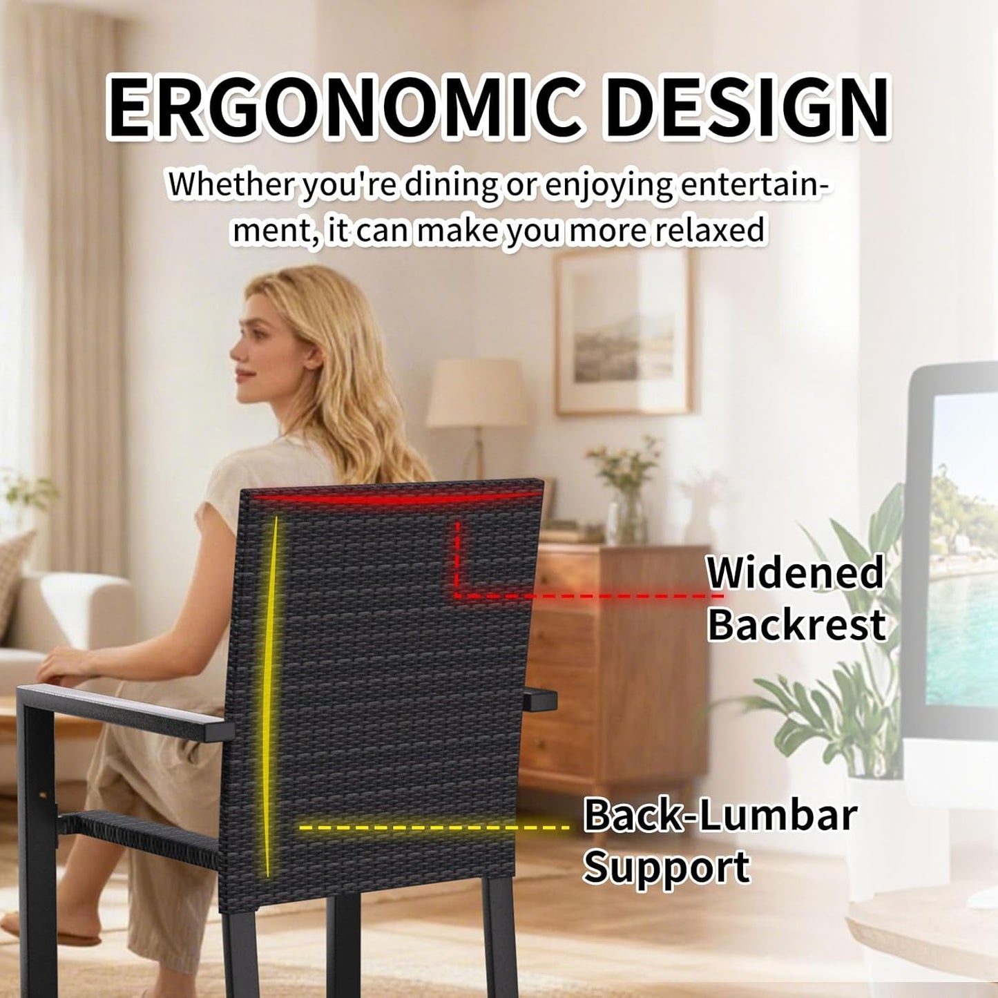 Stackable Patio Chairs Set of 4, Wicker Outdoor Dining Chair, All-Weather Rattan Patio Dining Sets with Deep Seat for Patio, Garden, Lawn, Firepit, Black
