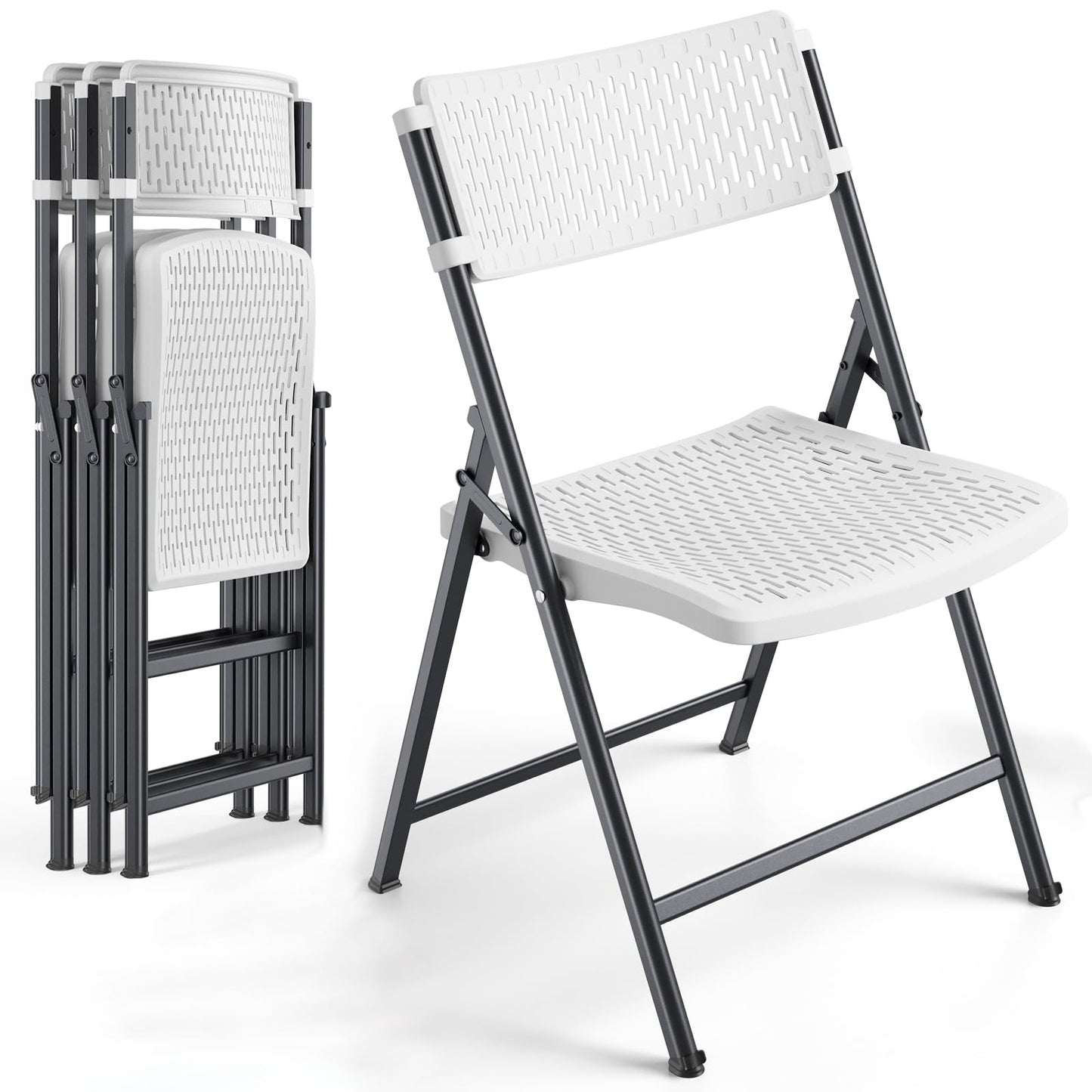 Black Folding Chairs 4-Pack, Breathable Plastic for Card Tables & Indoor Outdoor, Easy-Clean & Supports 400 Lbs