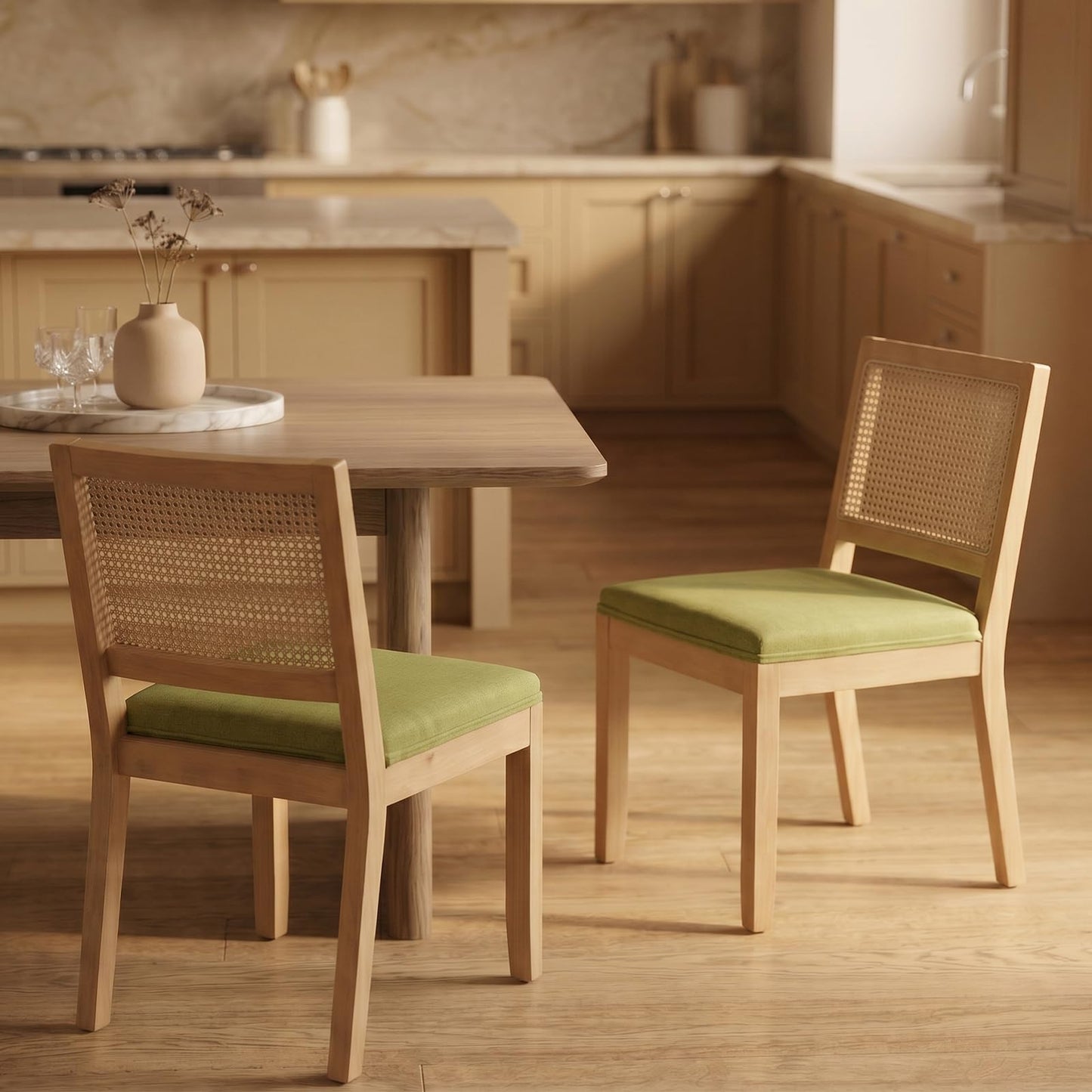 Farmhouse Dining Chairs Set of 6, French Country Rattan Kitchen & Dining Room Chairs, Cane Back Ivory Linen Upholstered Kitchen Chair, Solid Wood Frame, Sillas de Comedor (Beige, Rattan, 6 Pcs)