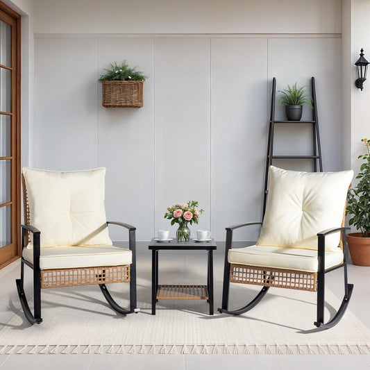 Outvita 3-Piece Outdoor Rocking Bistro Set, Patio Furniture Set w/Soft Thick Cushions & 2-Tier Coffee Table, Rattan Conversation Wicker Rocking Chairs for Garden, Balcony, Backyard, Poolside