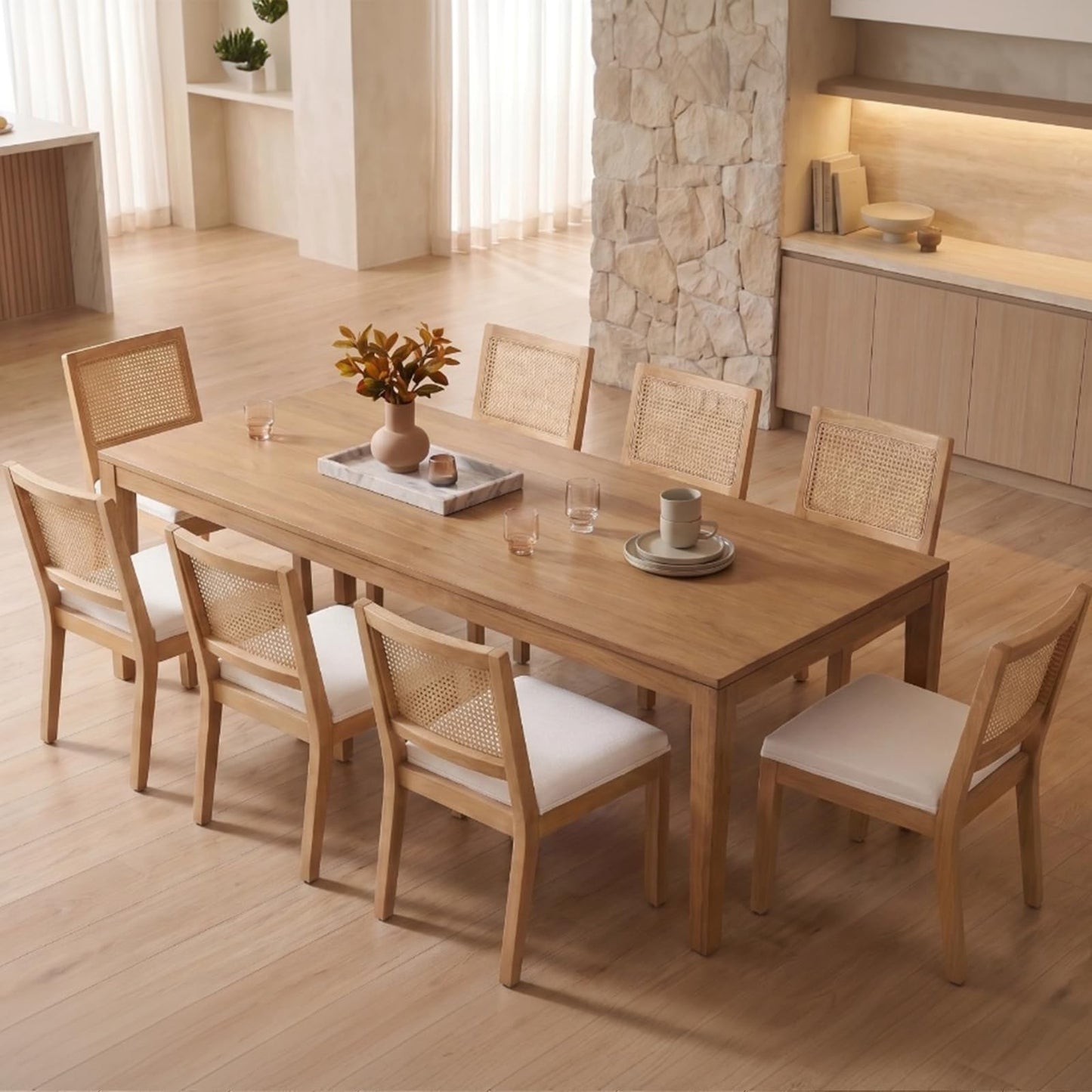 Farmhouse Dining Chairs Set of 6, French Country Rattan Kitchen & Dining Room Chairs, Cane Back Ivory Linen Upholstered Kitchen Chair, Solid Wood Frame, Sillas de Comedor (Beige, Rattan, 6 Pcs)