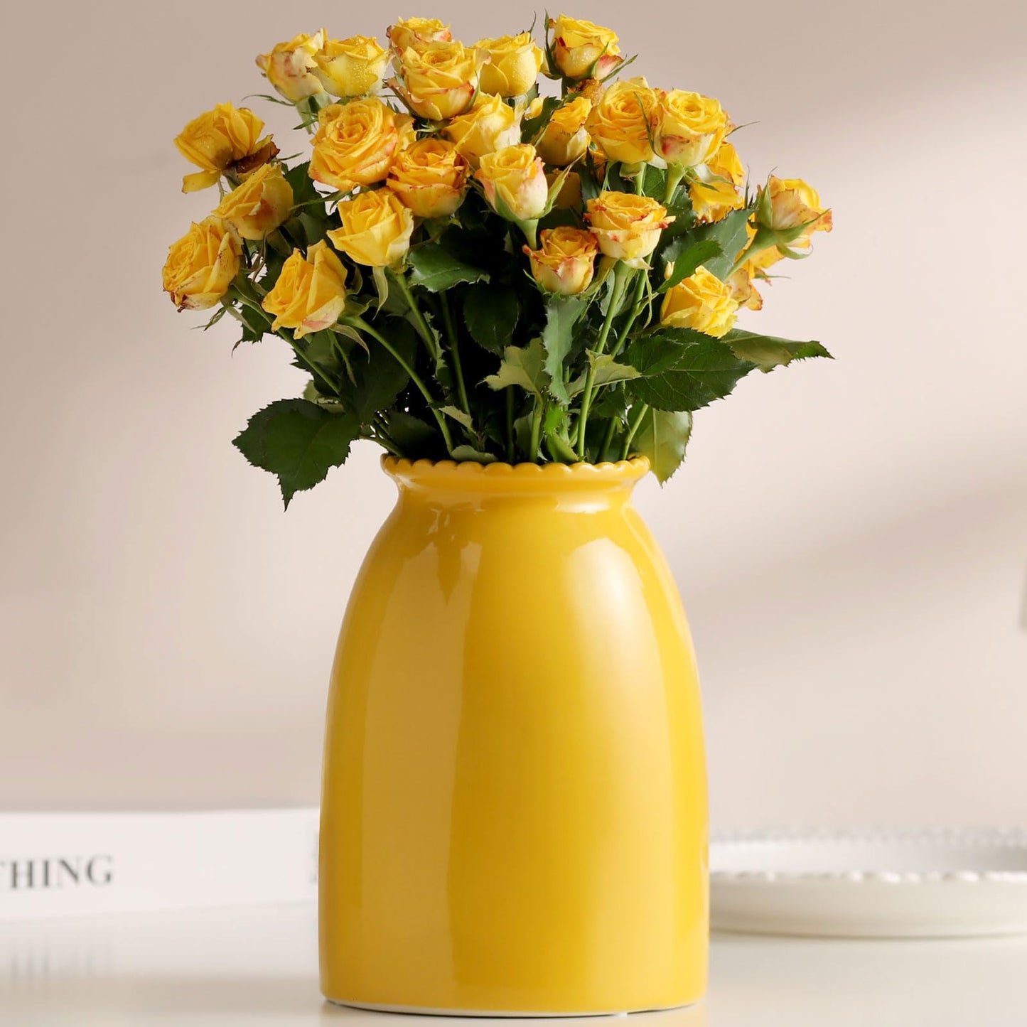 hjn White Flower Vase- Ceramic Vase for Decor, White vase for Flowers, Modern Vases for Living Room/Home Decor Accents/Entryway/Mantel/Bookshel
