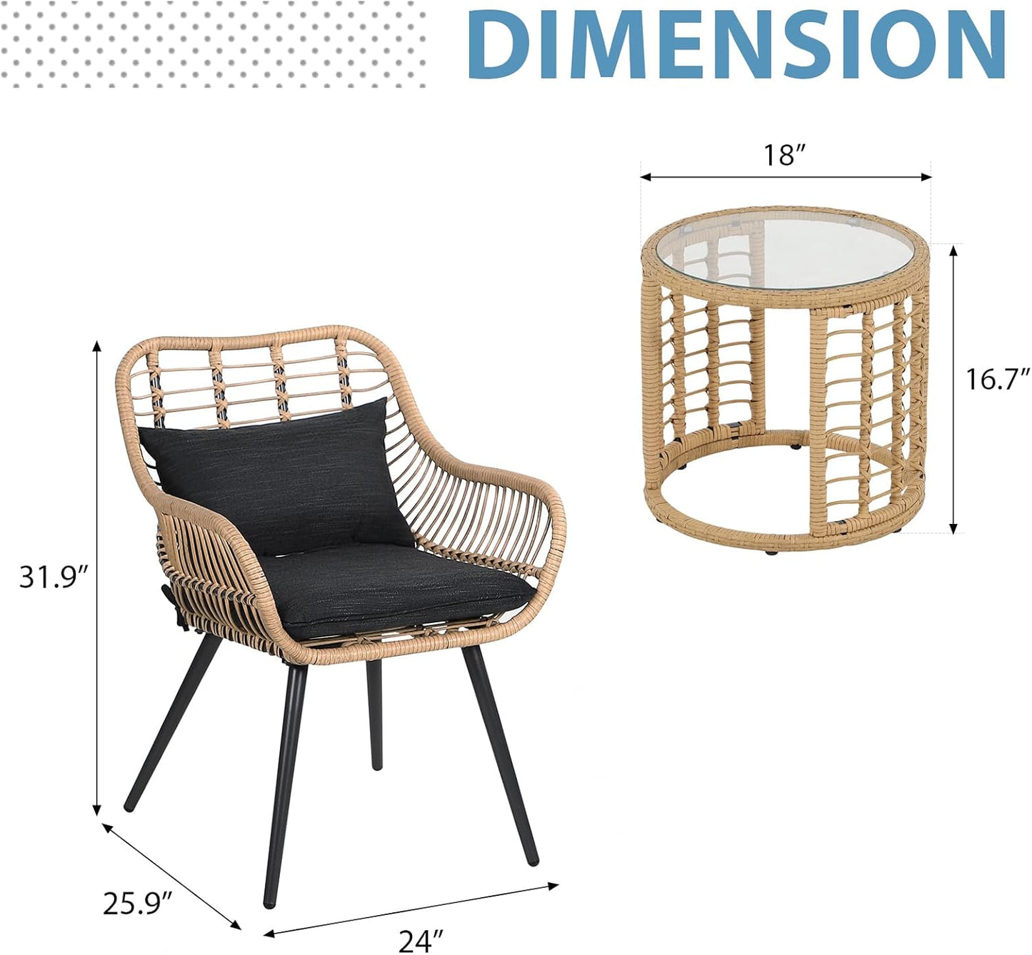 JOIVI 3 Piece Patio Bistro Set, Wicker Outdoor Patio Set with Enhanced Comfort Seating, Round Glass Top Coffee Side Table, Patio Rattan Conversation Set for Balcony, Lawn, Garden, Backyard, Black