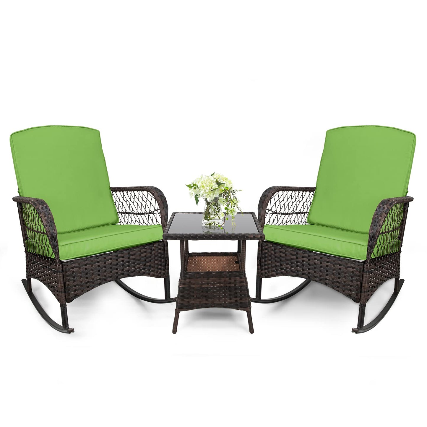 LEVELEVE 3 pcs Rocking Bistro Set Conversation Chairs PE Wicker Outdoor Rocking Chairs(Rocking Set,Sand)