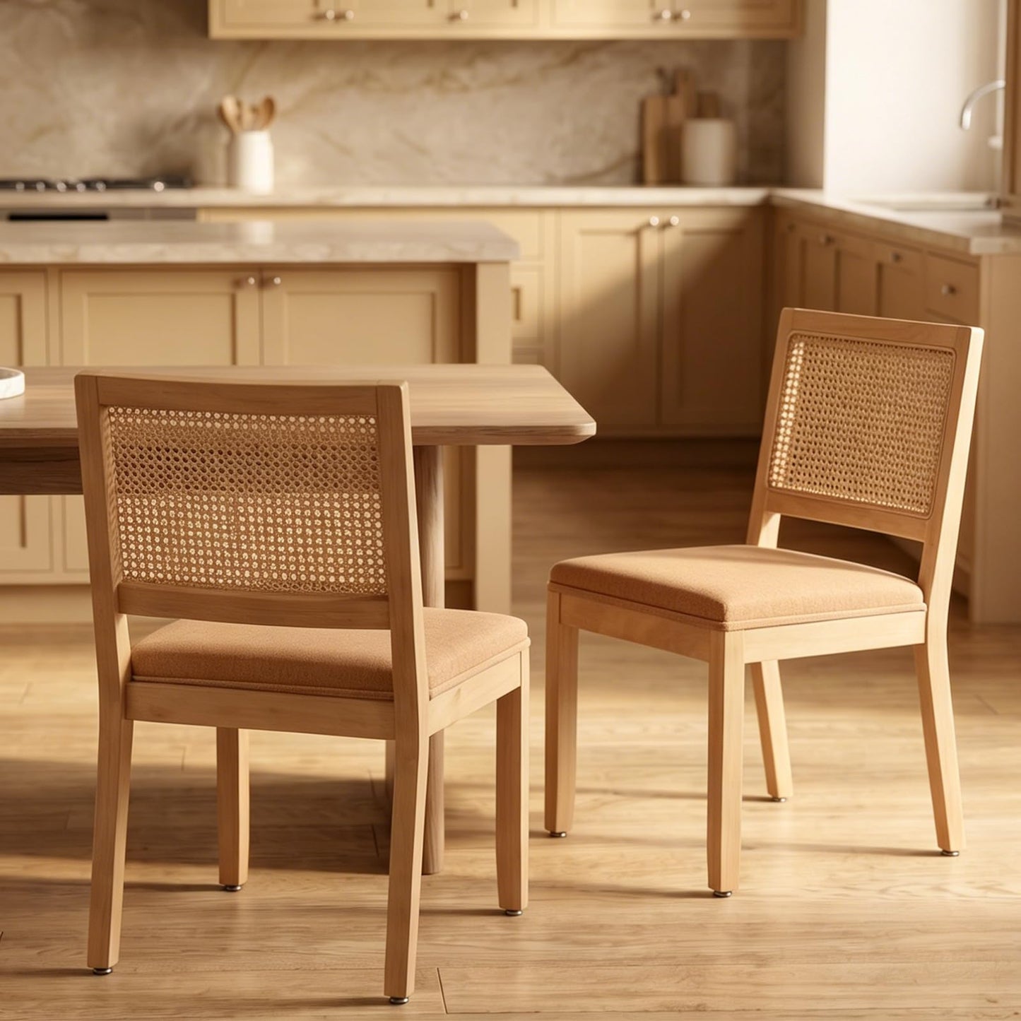 Farmhouse Dining Chairs Set of 4, French Country Woven Kitchen & Dining Room Chairs, Boho Woven Back Linen Upholstered Kitchen Chair, Solid Wood Frame, Sillas de Comedor (Beige, Woven, 4 Pcs)