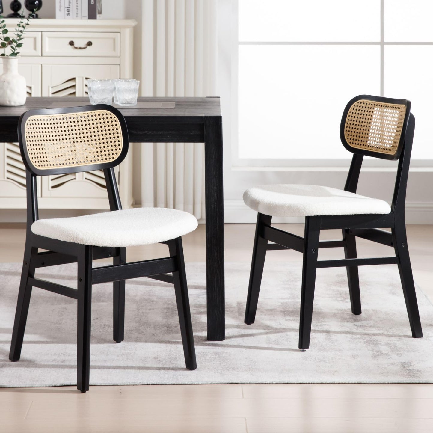 ROCITY Rattan Dining Chairs Set of 2 Beige Linen Fabric Dining Room Chairs Natural Wooden Kitchen Chairs Farmhouse Boho