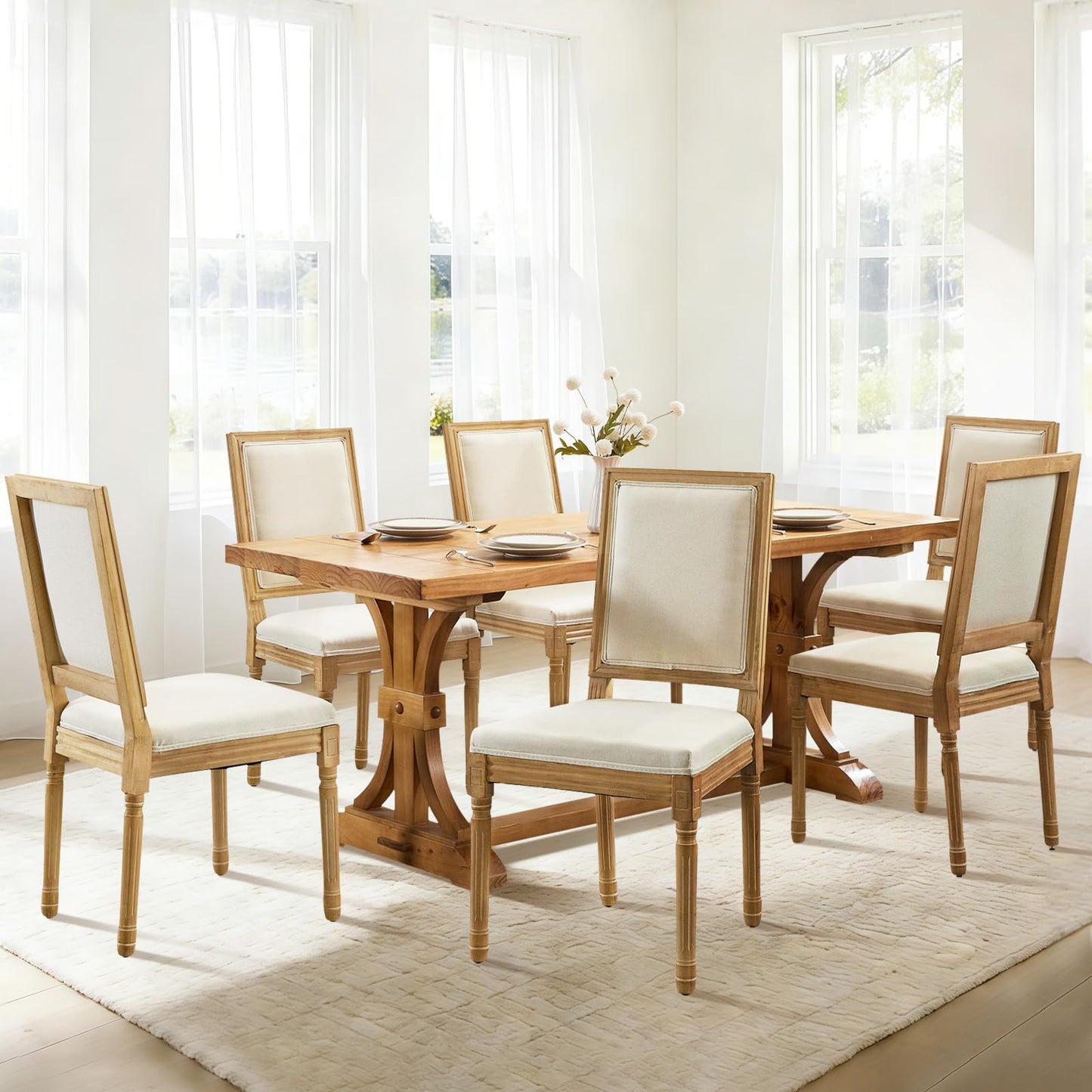 Rattan Dining Chairs Set of 4, French Country Cane Back Upholstered Kitchen Chairs, Solid Wood Farmhouse Side Chairs, Beige