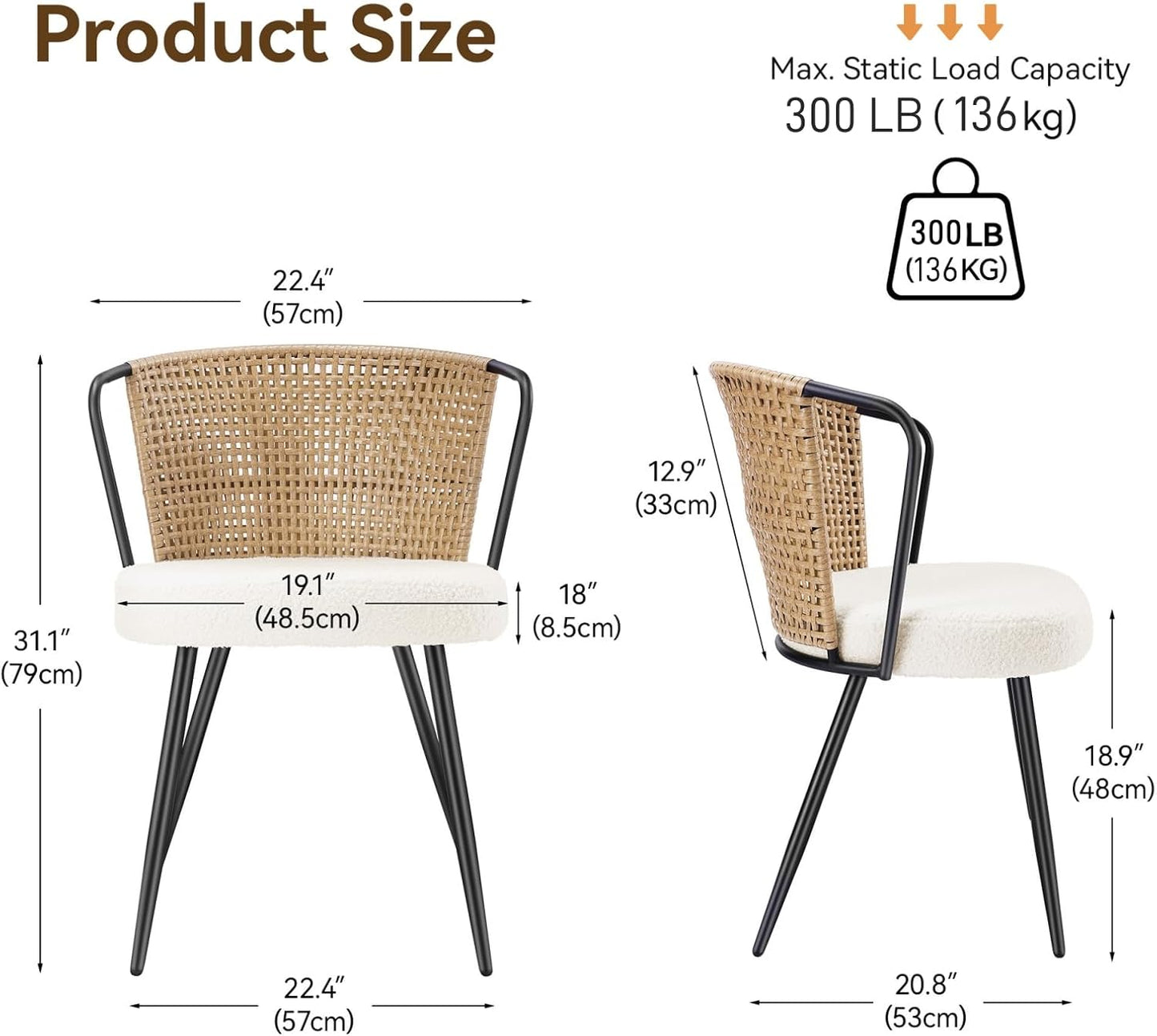 Brown Wingback PE Rattan Dining Chairs Set of 6 with Boucle Cushion & Metal Legs