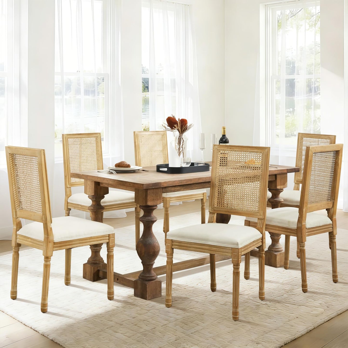 Rattan Dining Chairs Set of 4, French Country Cane Back Upholstered Kitchen Chairs, Solid Wood Farmhouse Side Chairs, Beige