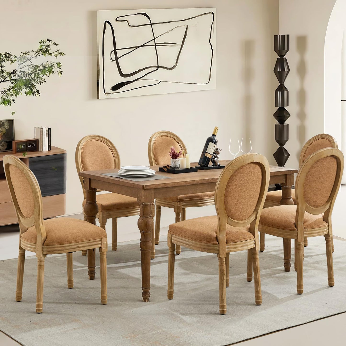 Rattan Dining Chairs Set of 4, French Country Cane Back Upholstered Kitchen Chairs, Solid Wood Farmhouse Side Chairs, Beige