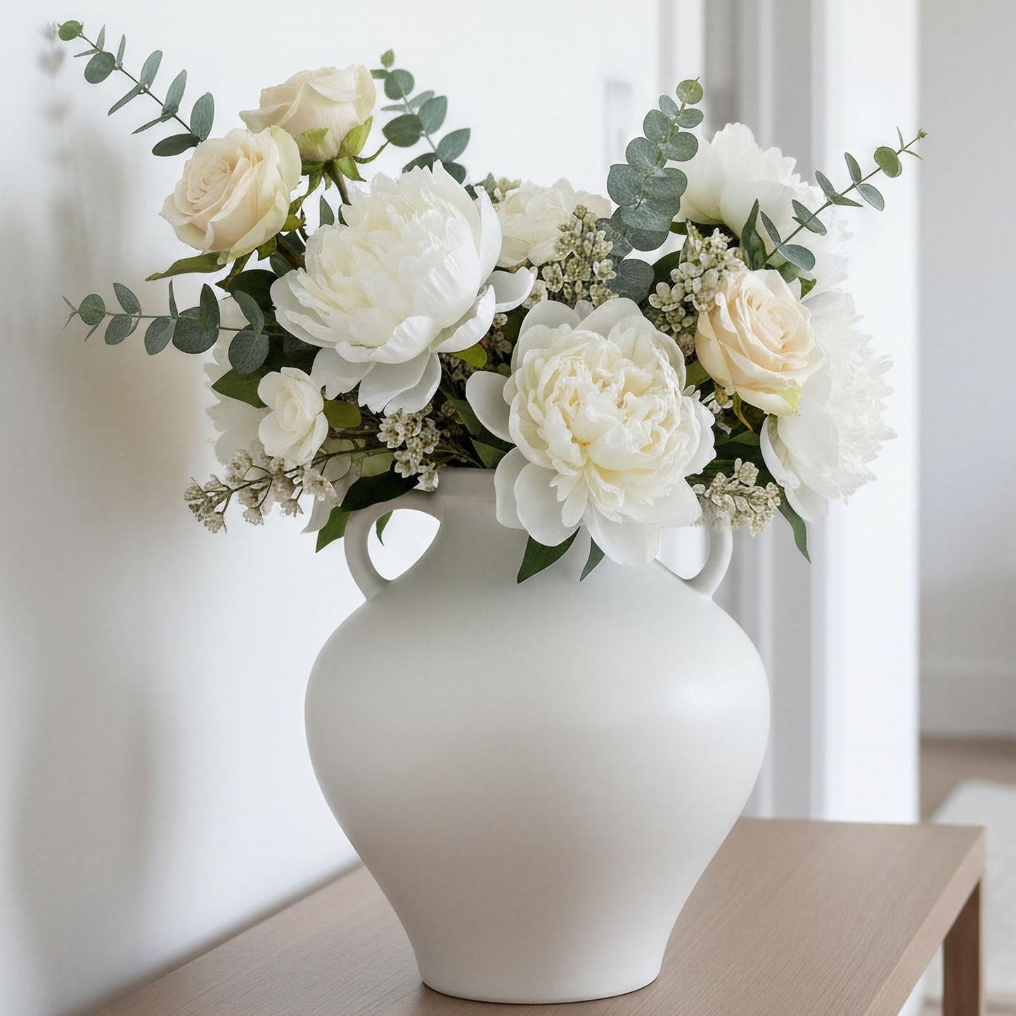 hjn Matte White Ceramic Vase, Nordic Farmhouse Jug Vase for Dried Pampas Grass & Fresh Flowers, Minimalist Boho Home Decor for Living Room Mantel Shelf Entryway(Round Shape-8''dx9''h)