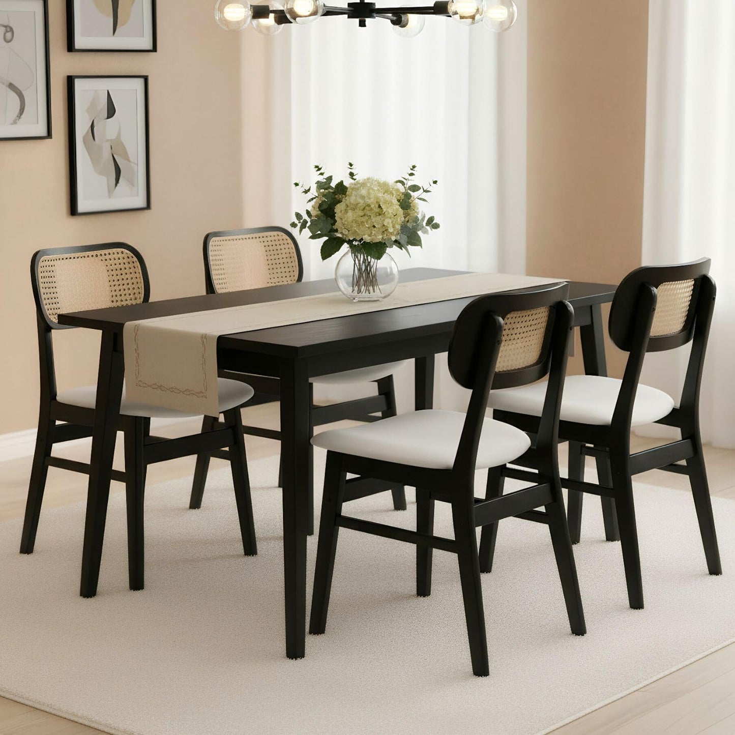 ROCITY Rattan Dining Chairs Set of 2 Beige Linen Fabric Dining Room Chairs Natural Wooden Kitchen Chairs Farmhouse Boho