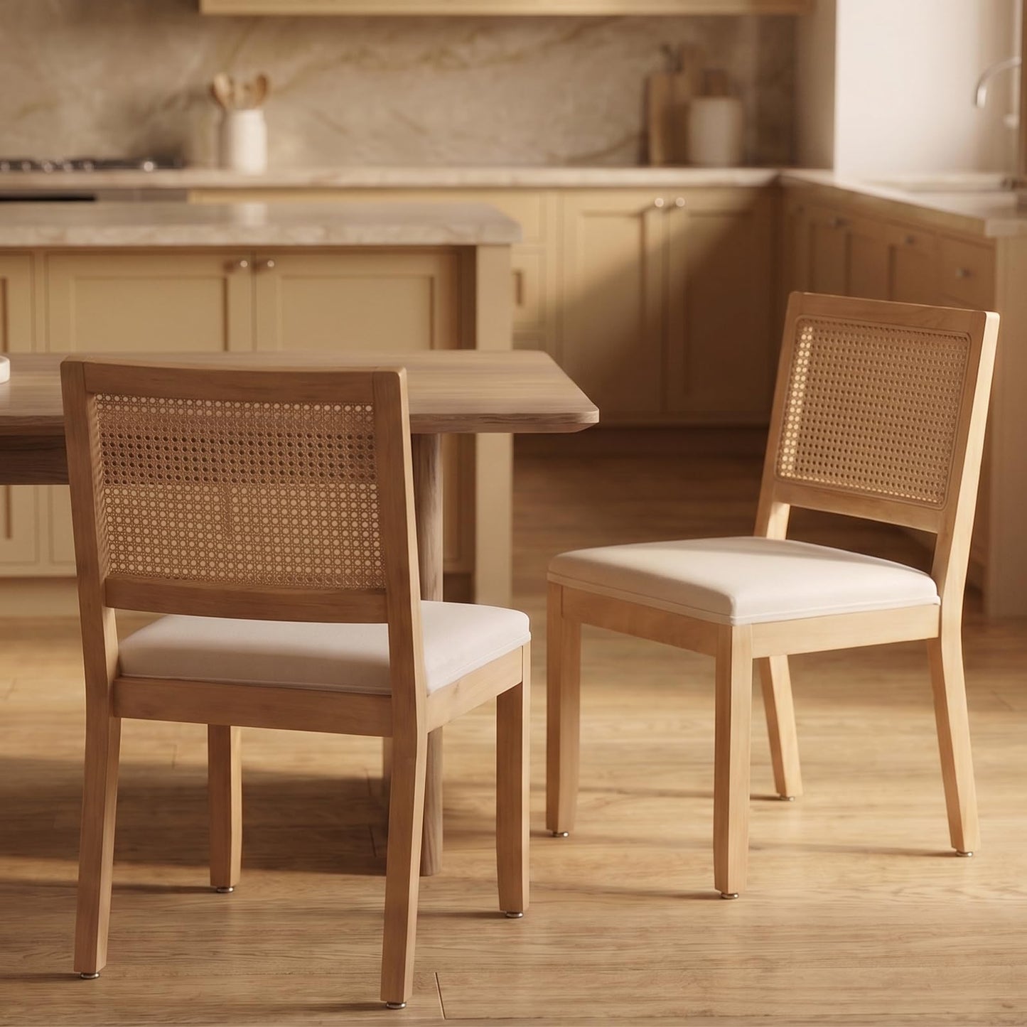 Farmhouse Dining Chairs Set of 4, French Country Woven Kitchen & Dining Room Chairs, Boho Woven Back Linen Upholstered Kitchen Chair, Solid Wood Frame, Sillas de Comedor (Beige, Woven, 4 Pcs)