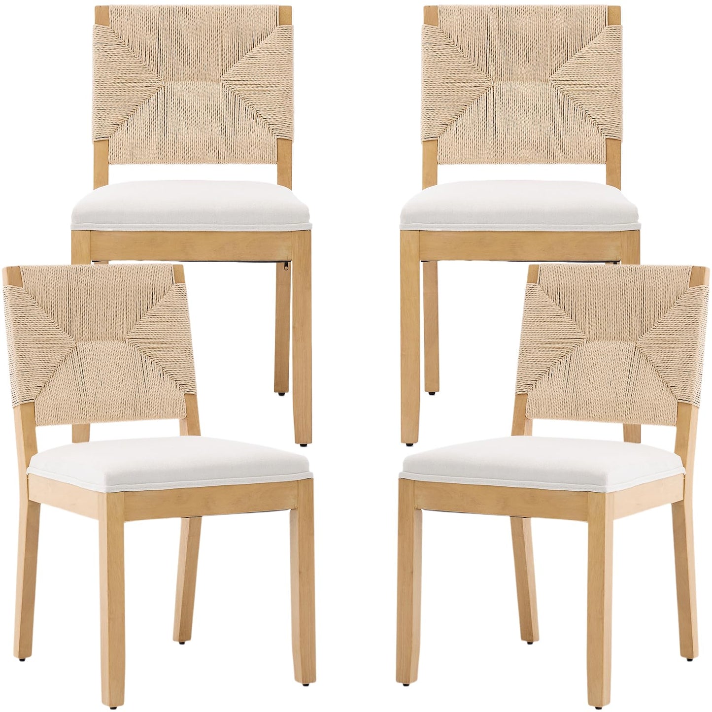 French Country Dining Chairs Set of 6, Ivory Boho Style Woven Back Kitchen Chairs, Linen Upholstered Seats with Wood Legs for Kitchen & Dining Room, Sillas de Comedor (Beige, 6Pcs)