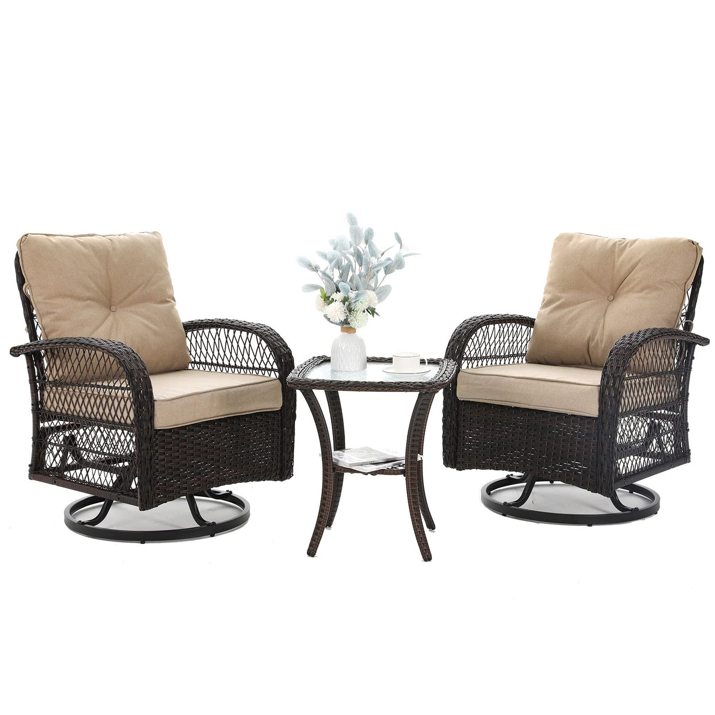 3 Pieces Patio Furniture Set, Outdoor Swivel Glider Rocker, Wicker Patio Bistro Set with Rocking Chair, Thickened Cushions and Table for Porch (Blue)