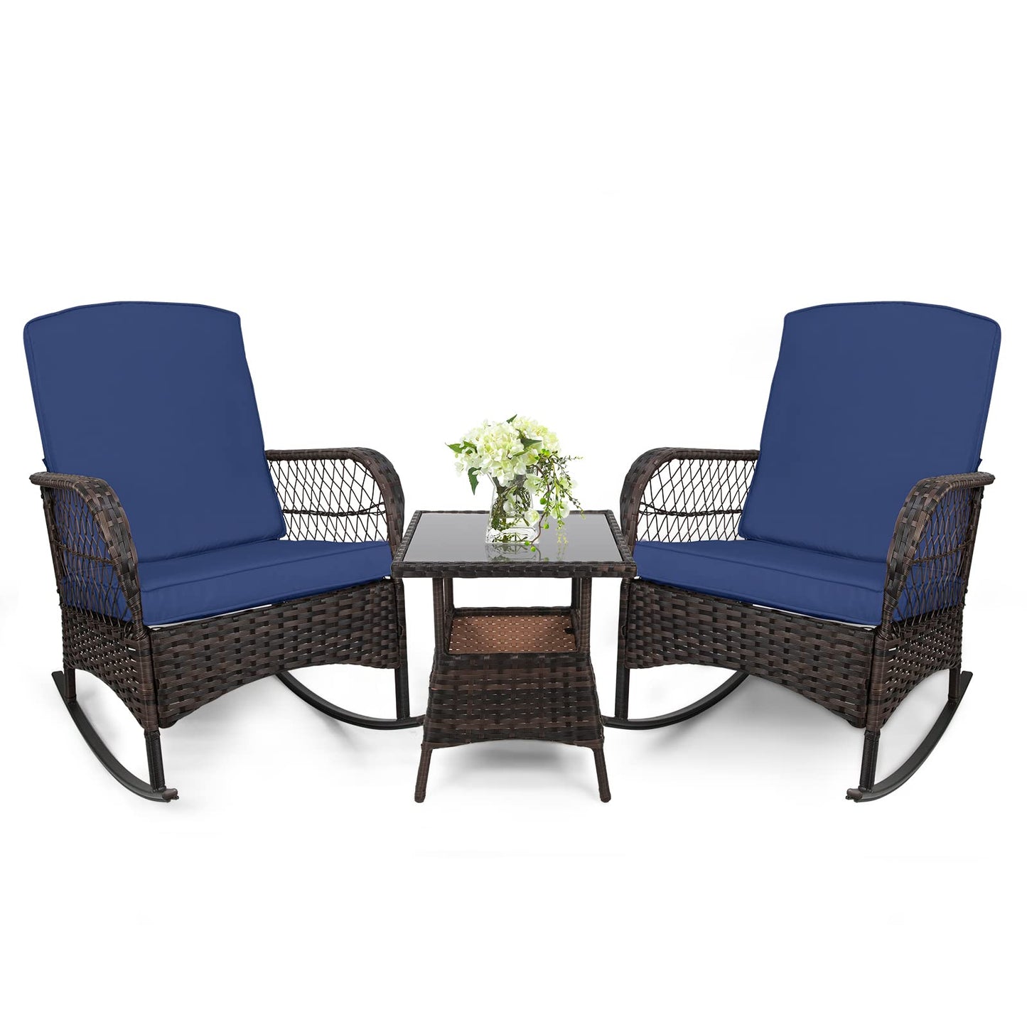 LEVELEVE 3 pcs Rocking Bistro Set Conversation Chairs PE Wicker Outdoor Rocking Chairs(Rocking Set,Sand)